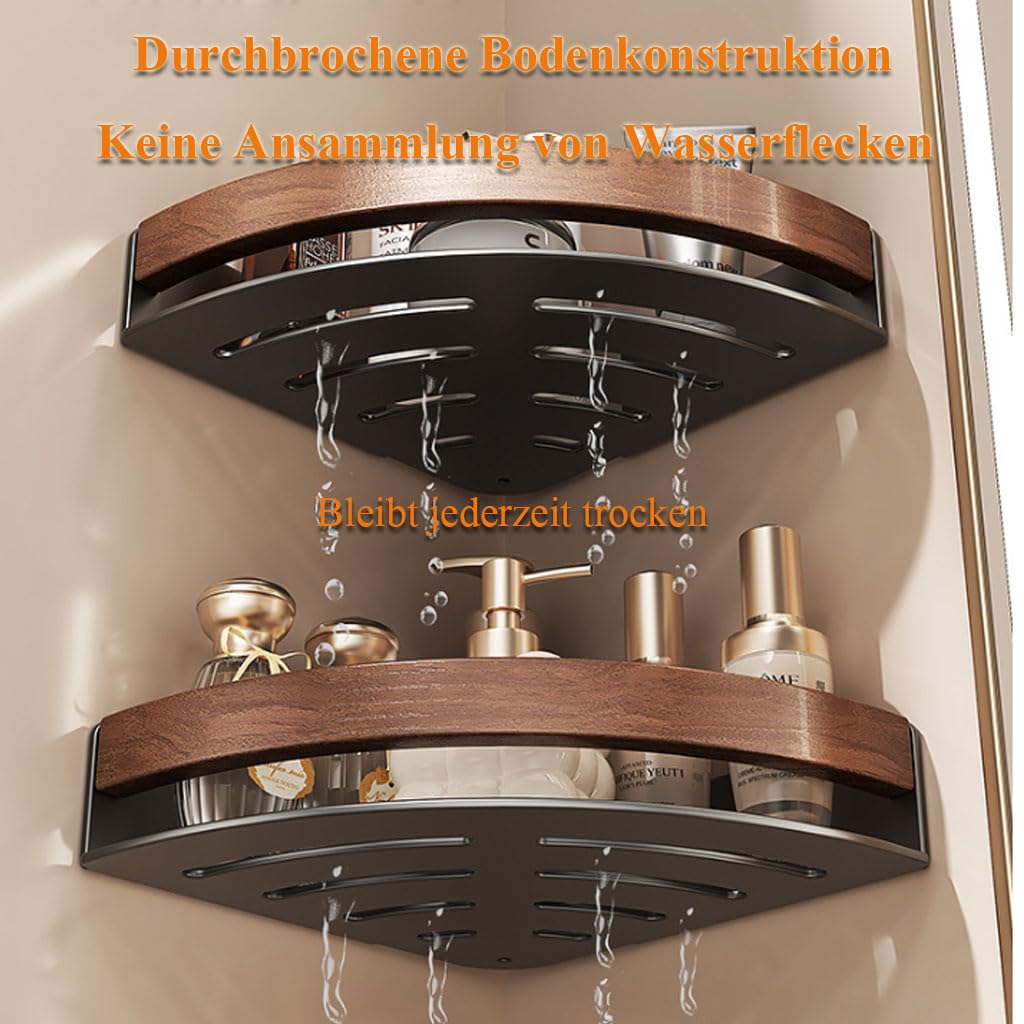 Estante de Ducha sin taladrar, Estante de Pared de 2 Niveles de Metal con Apariencia de Madera, Estante de Esquina ahorrador de Espacio Organizador de baño para baño, Inodoro, Lavabo