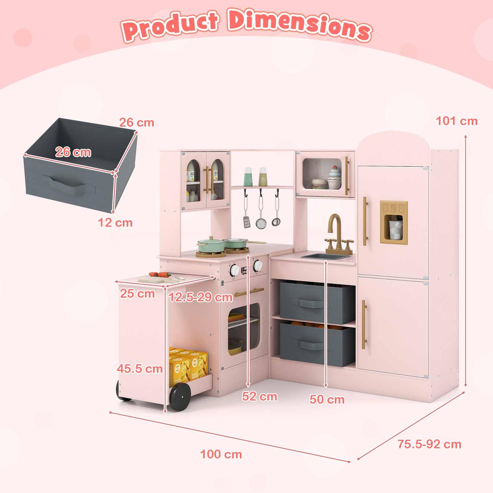 HOMASIS Cucina ad Angolo con Carrello Scorrevole, Luce e Suono, Cucina Giocattolo in Legno con Forno, Microonde, Macchina del Ghiaccio, Fornello, per Bambini da 3 Anni in su (Rosa)