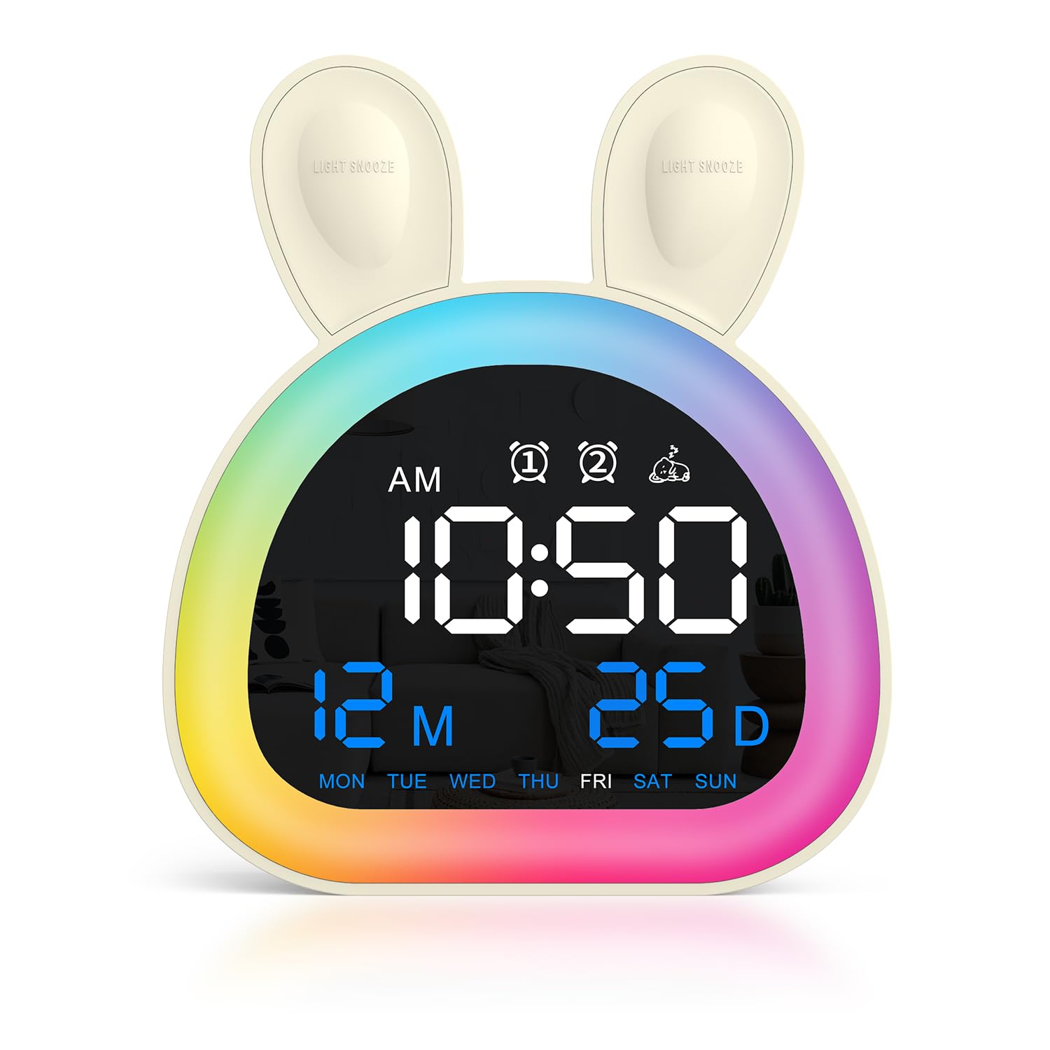 OQIMAX Rabbit Kids Alarm Clock, Mirror Ok to Wake Clock with Bluetooth Sync Time, Adjustable Screen Brightness & Volume, Dual Alarm, 9 Lighting Modes, Voice Control, Digital Alarm Clock for Bedroom