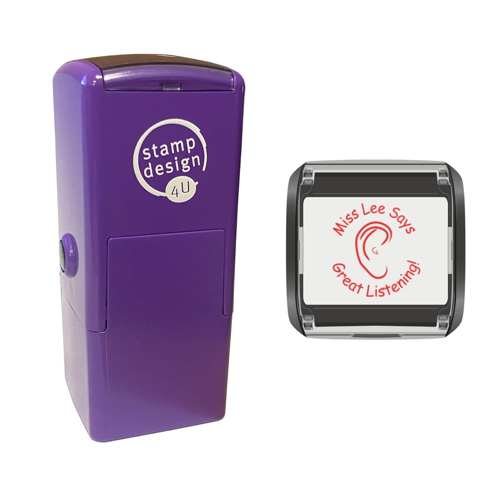 Ear/Listening Design in Red with 2 Lines of Custom Text - School Teacher Personalised Reward, Education and Motivational Stamps