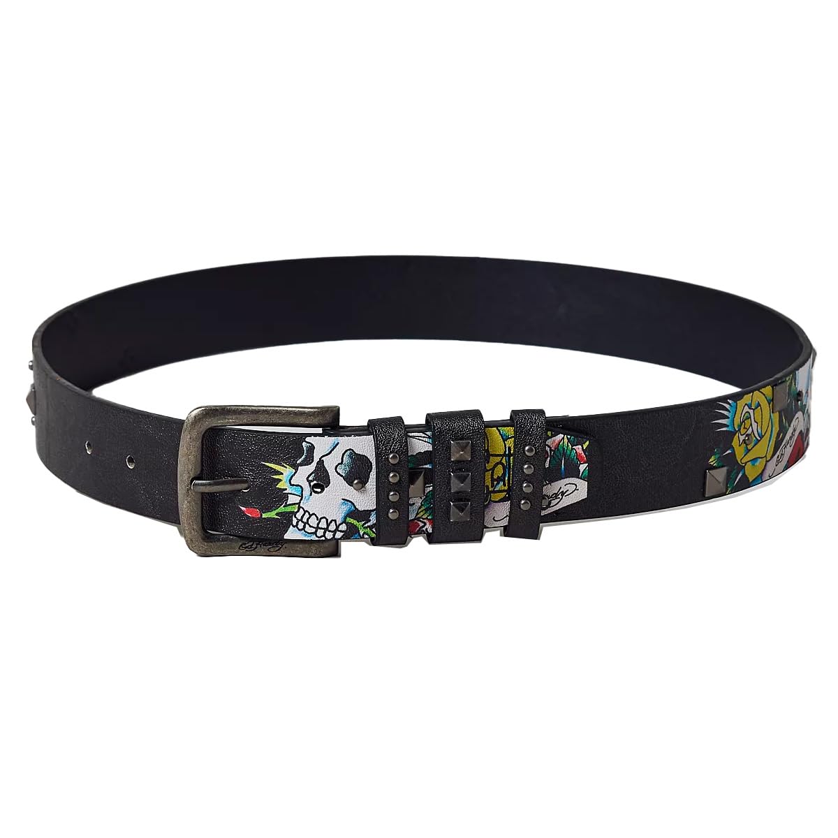 ED HARDY Herren Gürtel mit Nieten, 38 mm, Totenköpfe und Rosen