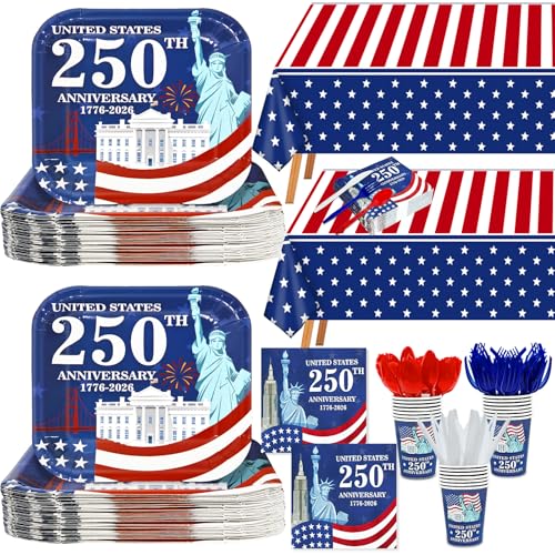 170 Pcs 250th Anniversary 4th of July Decorations Serve 24, American Flag Patriotic Party Supplies 4th of July Disposable Paper Plates Napkins Cups Knives Forks Spoons Tablecloths for Independence Day