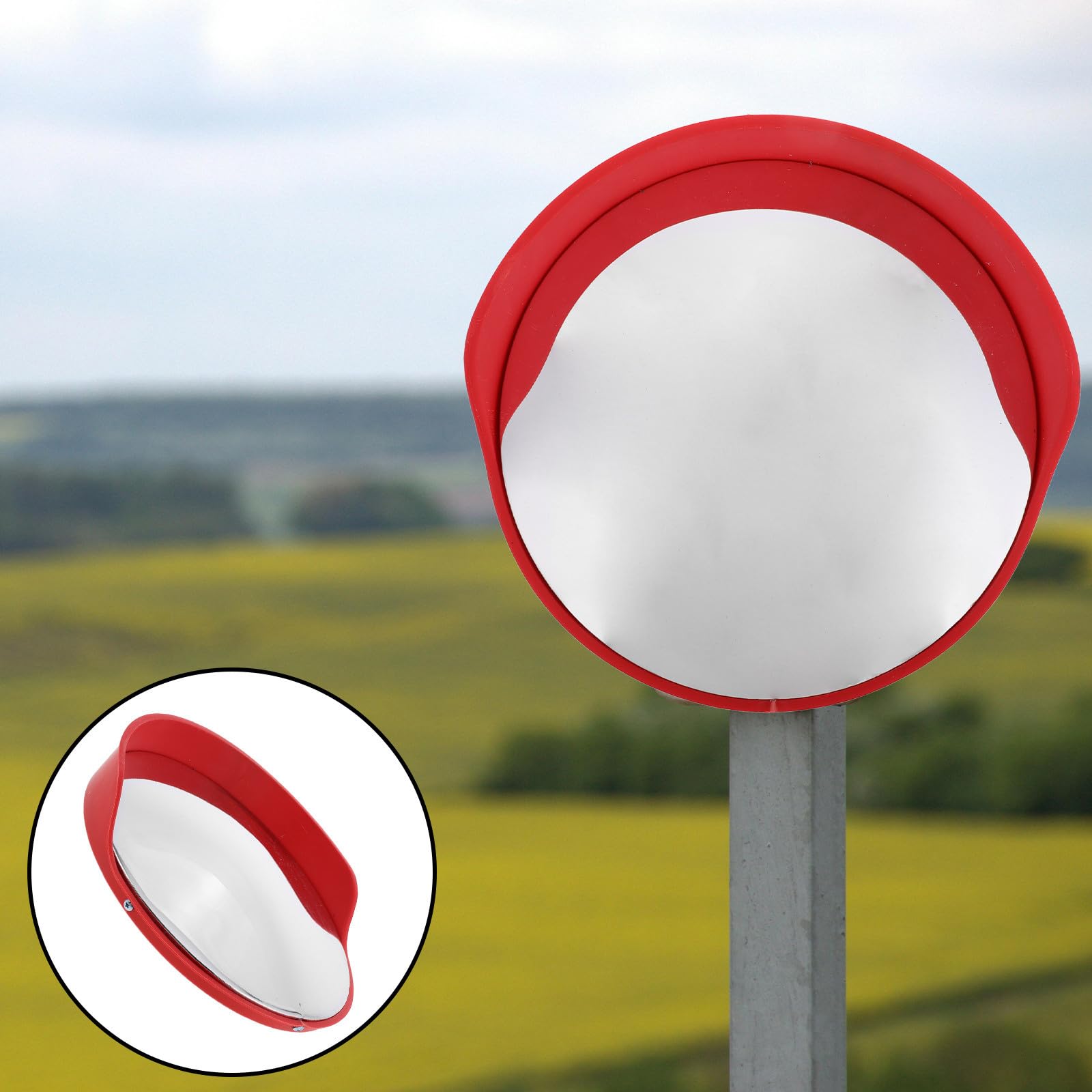 Specchio Convesso Rotondo Rosso per Sicurezza Traffico e Parcheggio | Vista Grandangolare, Uso Interno e Area Sosta, Design Antitheft e Resistenza alle Intemperie