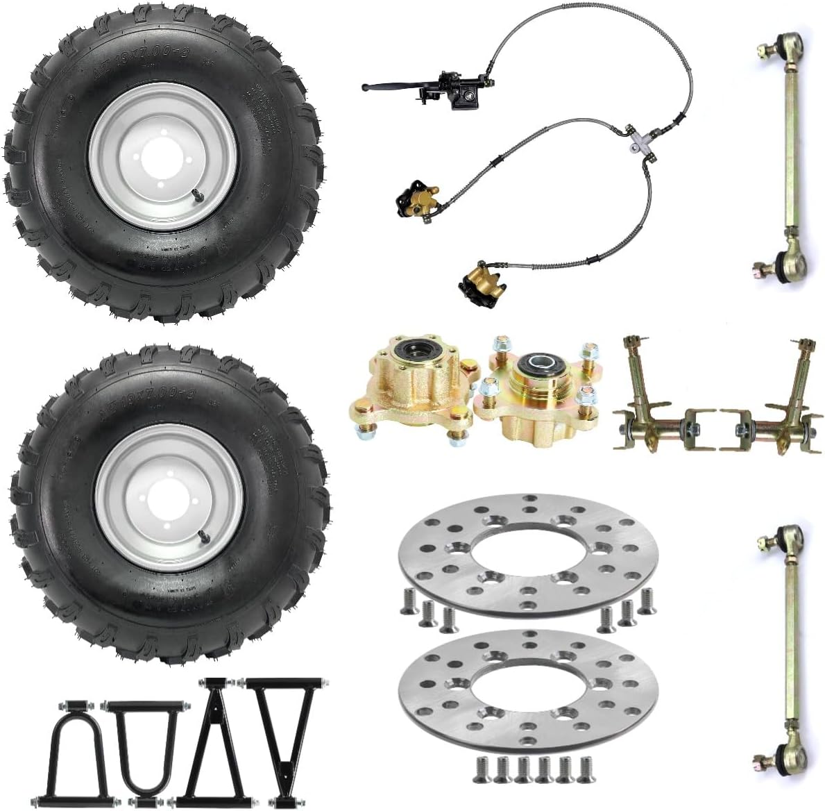 19x7.00-8 Go Kart Wheel with Front Shock Swingarm, Brake Rotor & Brake Caliper & Tie Rod End Joiner & Wheel Hubs & Spindles for ATV UTV Buggy Quad Drift Trike Golf Cart Tricycle 4 Wheeler