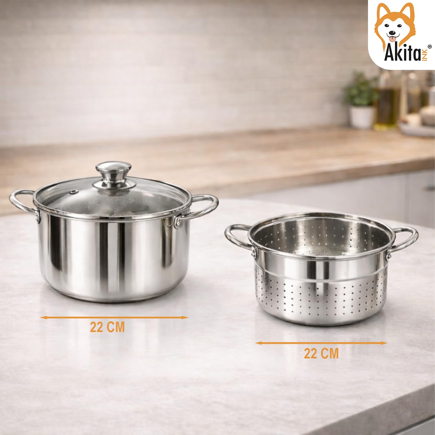 AKITAInk Bollipasta Duna 24 cm in Acciaio Inox con 2 Cestelli e Coperchio in Vetro Temperato, Pentola per Pasta con Scolapasta Integrato, Resistente e Pratica