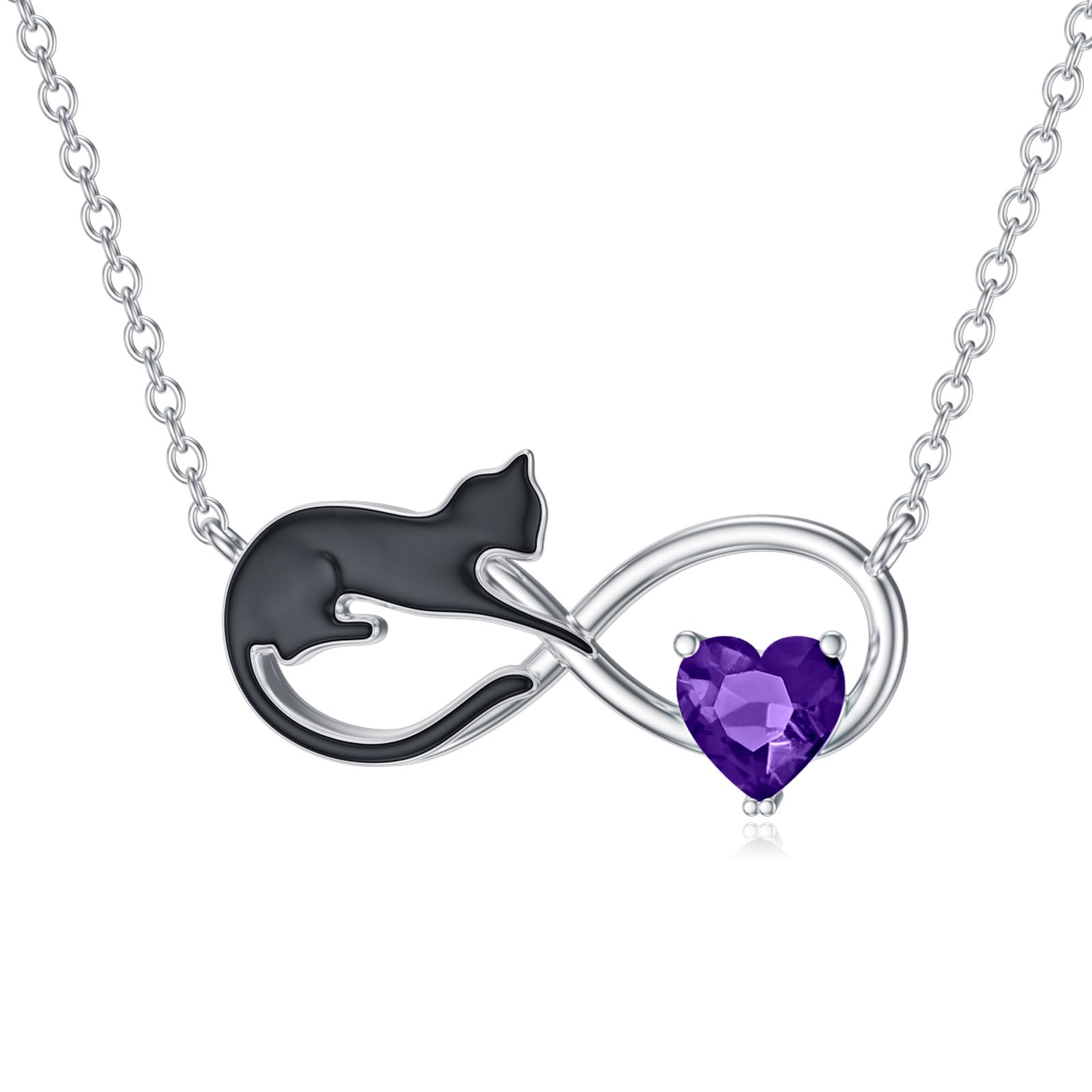 Schwarze Katzen Kette mit Geburtsstein für Damen, 925 Sterling Silber Unendlichkeits und Katzen Halskette Schmuck Geschenke für Katzenliebhaber