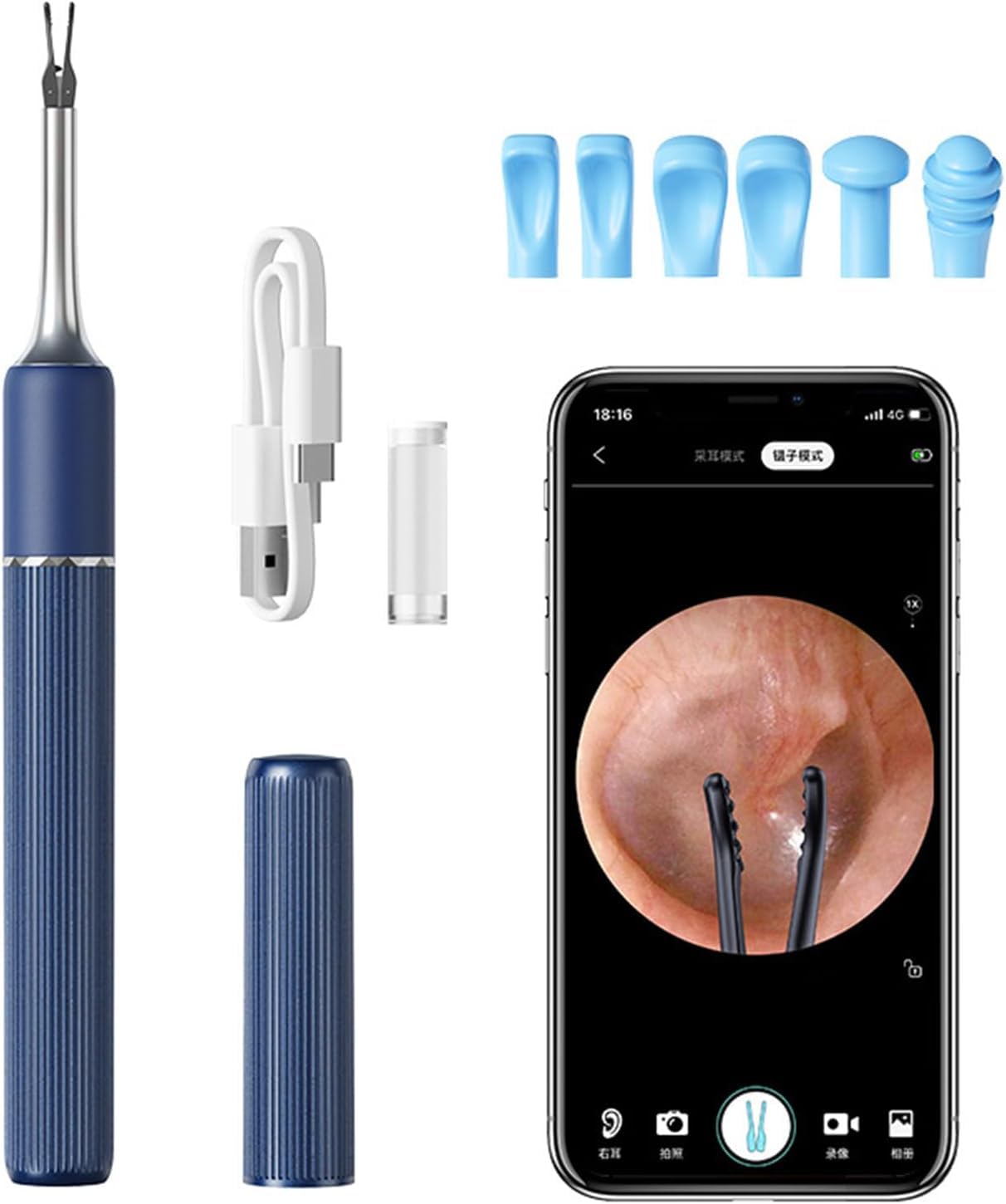 Zestaw do usuwania woskowiny Kamera uszna, bezprzewodowy czyścik do uszu 10 MP HD WiFi z 6 diodami LED, czyścik do uszu z patykiem i pęsetą, endoskop z otoskopem do ucha 3,2 mm, niebieski