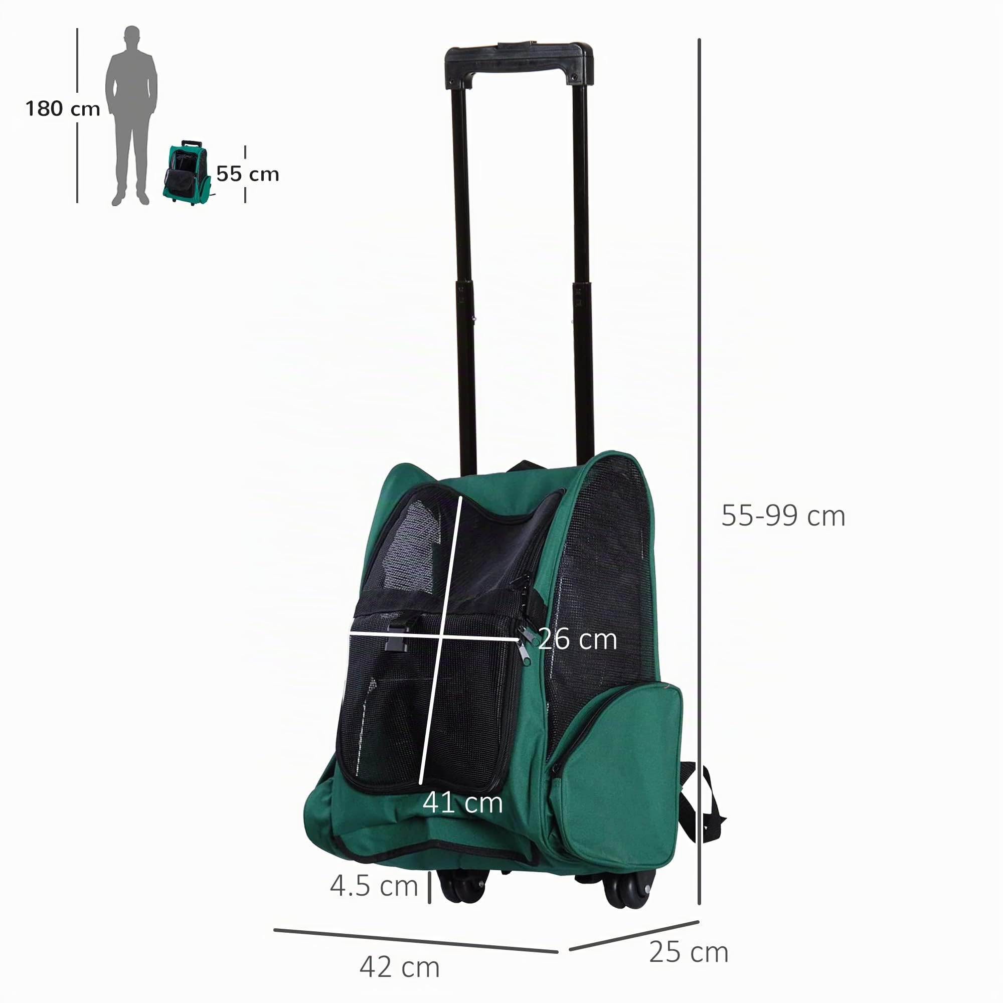 PawHut Sac à dos 2-en-1 pour animaux avec roulettes 42x25x55cm Vert