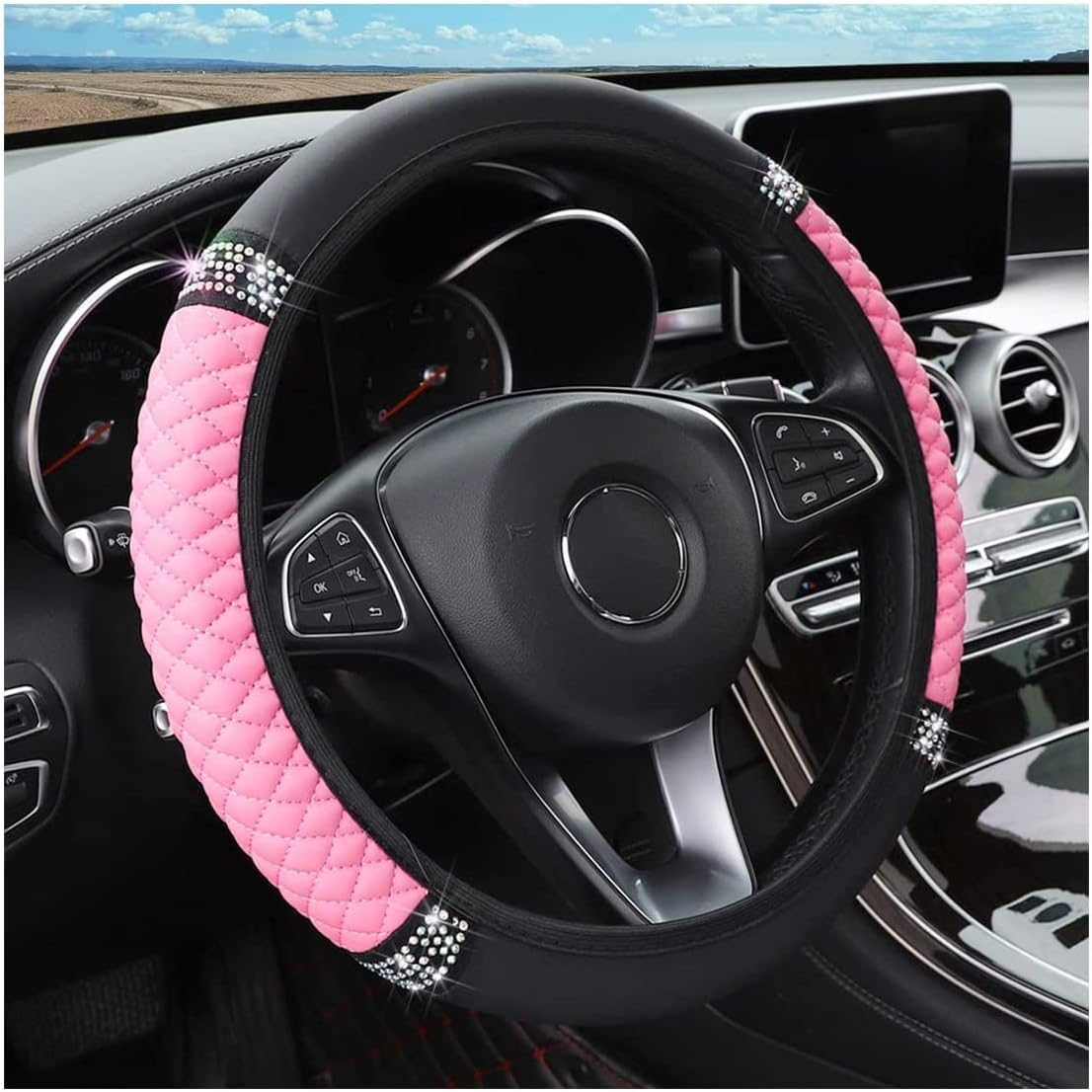 Bling Soft Leather Steering Wheel Cover, 15 Inch Colorful Rhinestones Auto Elastic Steering