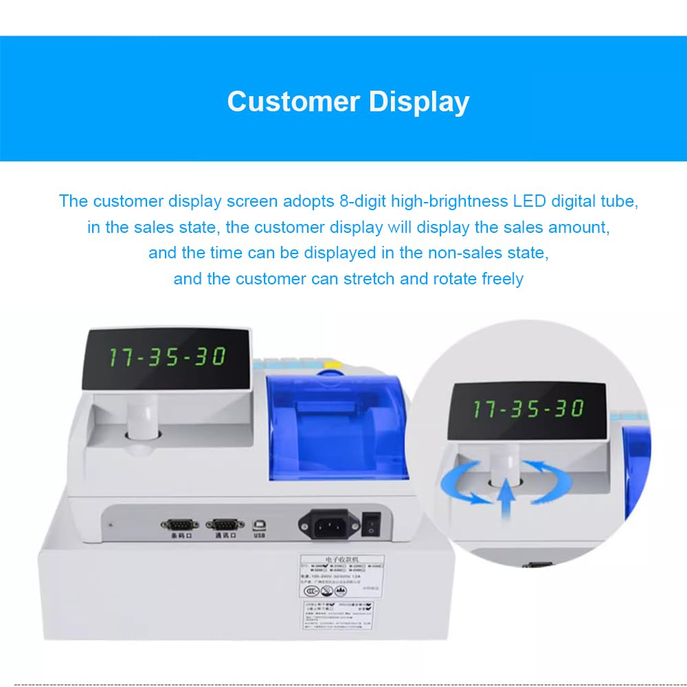 Caja Registradora Electrónica, con Pantalla De Visualización De Clientes, Carga Rápida De Impresora Térmica Comercial,Negro
