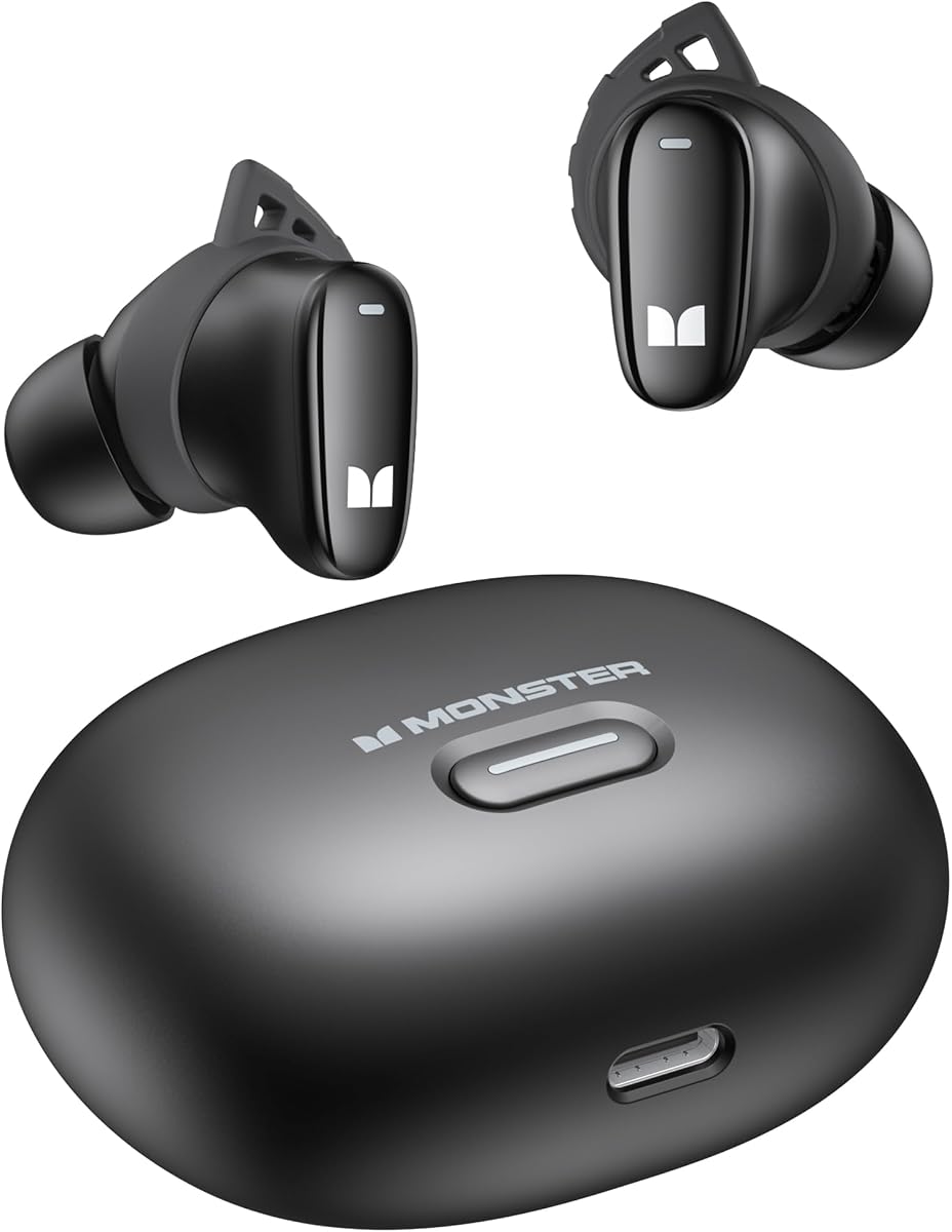 Monster N-Lite 206 Bluetooth 5.4 Earbuds, 10mm Driver, IPX6, Black | 10mm Driver Rich Bass, 25H Battery, Touch Control, IPX6 Waterproof, Type-C Charging, 3 Ear Tip Sizes, Ergonomic Fit