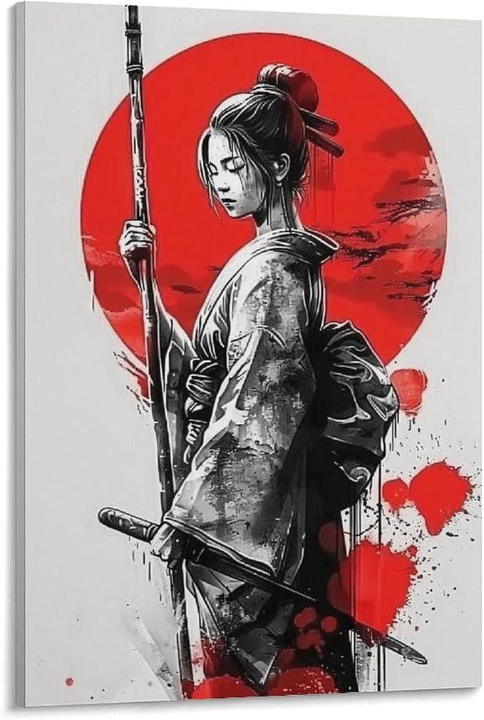 Japanese Samurai Girl Red Sun Cool Poster Canvas Wall Art