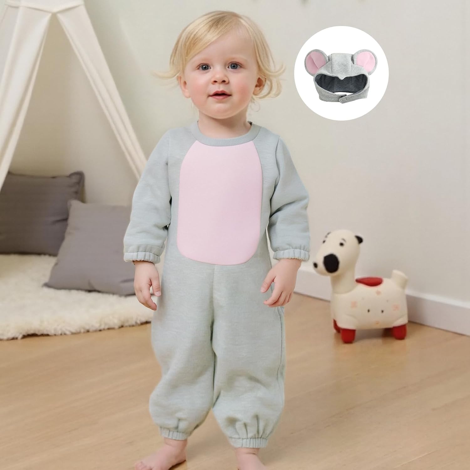 Baby Mouse Costume Boy Girl Long Sleeve Fleece Jumpsuits Romper with Ears Hat Toddler Halloween Outfit - Image 3
