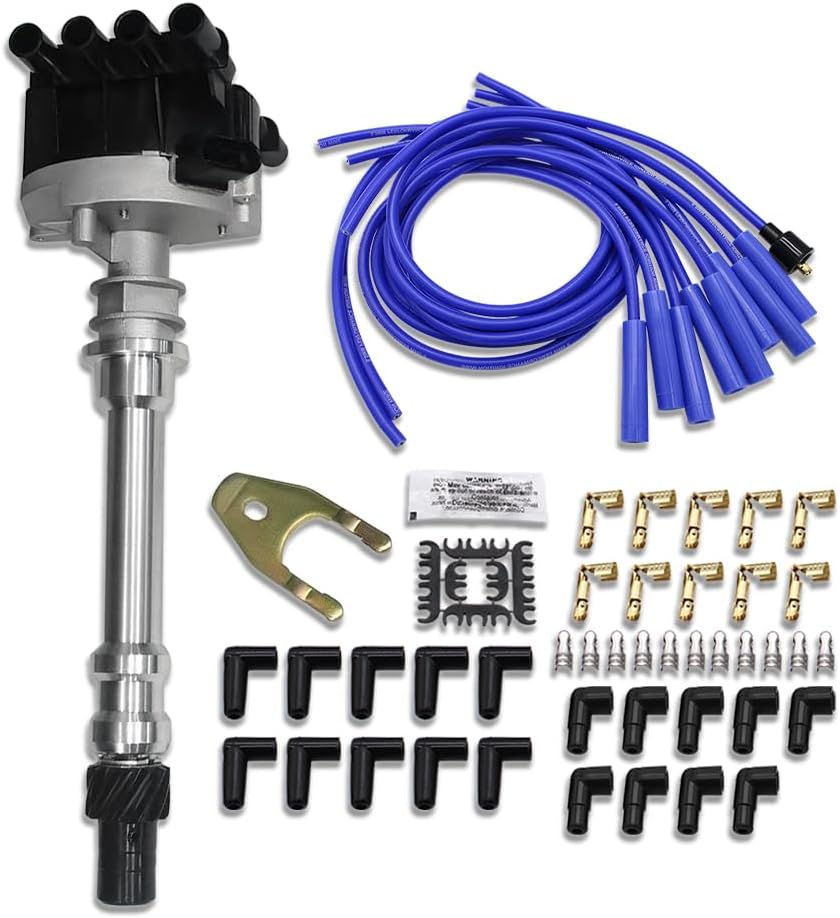 Ignition Distributor & Blue Straight Boot Spark Plug Wires Fit Chevrolet GMC Suburban C/K Series Cadillac Escalade 1996-2002 (OE: DST1829, 93441558)