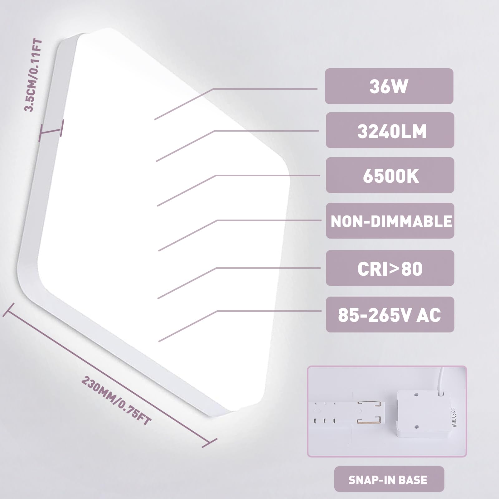Plafonnier LED 36W Lot de 2 Luminaire Plafonnier Étanche IP44 Blanc 6500K 3240LM Carré Lumières de Salle de Bain Lampe de Plafond pour Salle de Bain, Balcon, Couloir, Cuisine, Garage