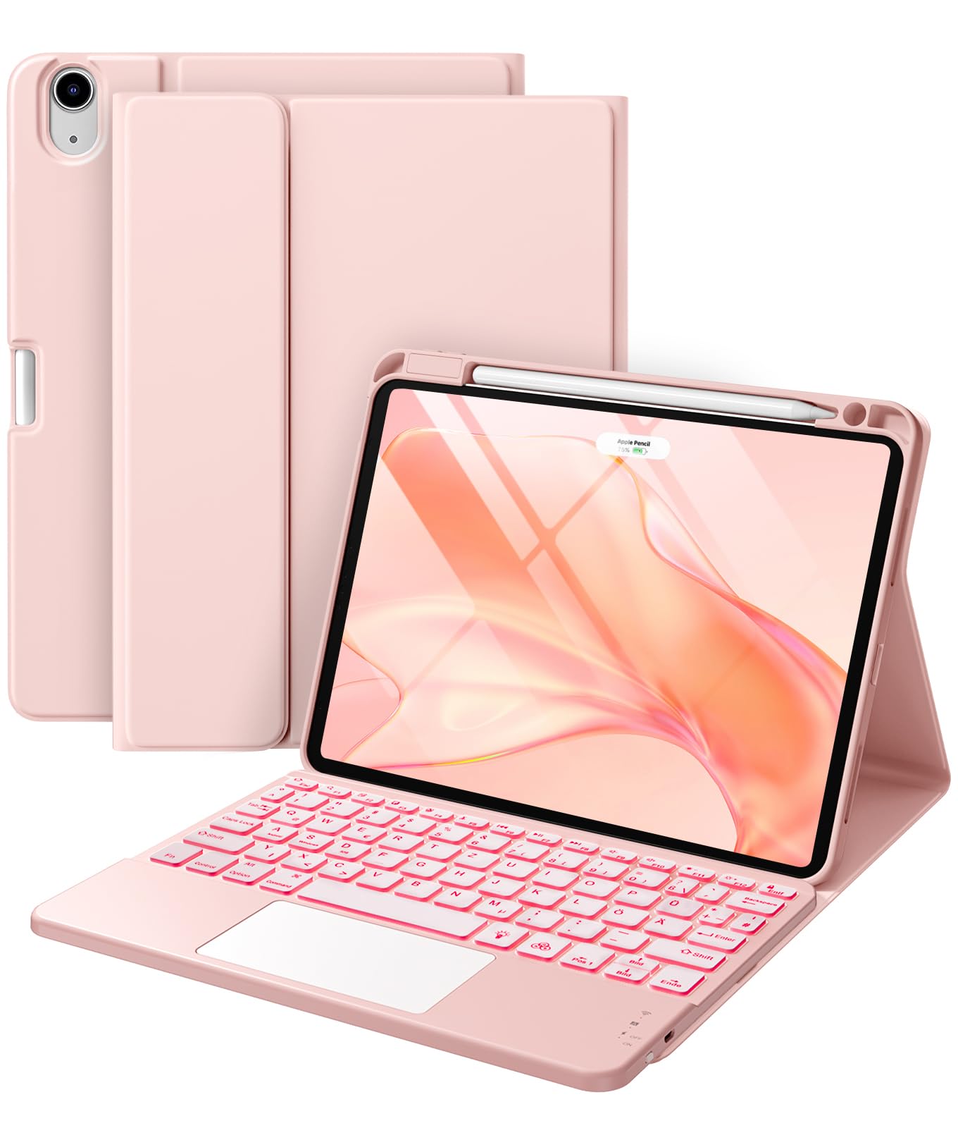 Vobafe Hülle mit Tastatur für iPad Air 11 Zoll M4 M3 M2 (2026/2025/2024), iPad Air 5. 4. Generation 2022/2020 10.9", Mutil-Touch Trackpad Beleuchtete Abnehmbare Keyboard, mit Stifthalter, Hellrosa