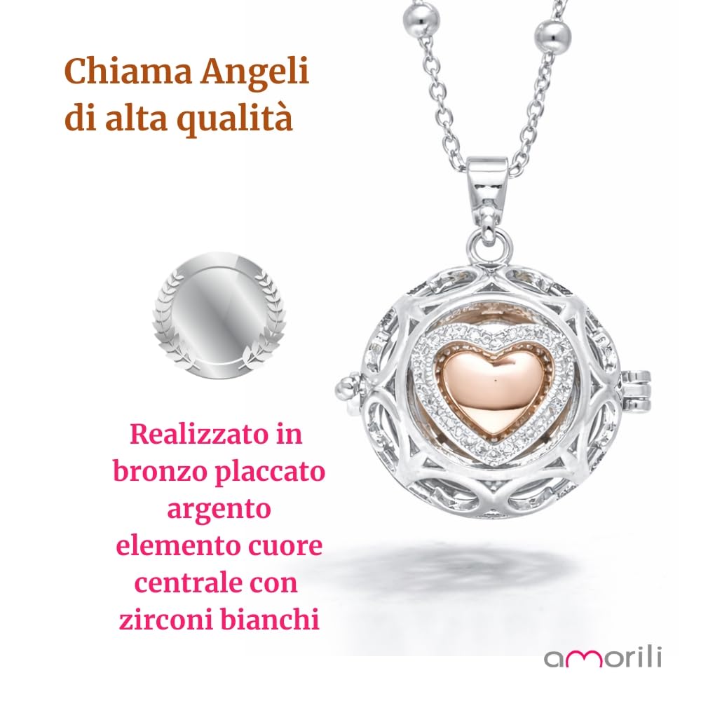 Collana Chiama Angeli Donna Gravidanza in Bronzo Placcato Argento – Ciondolo Cuore con Zircone Centrale – Gioiello Premaman Scintillante e Luccicante – Idea Regalo Dolce Attesa - cll1587