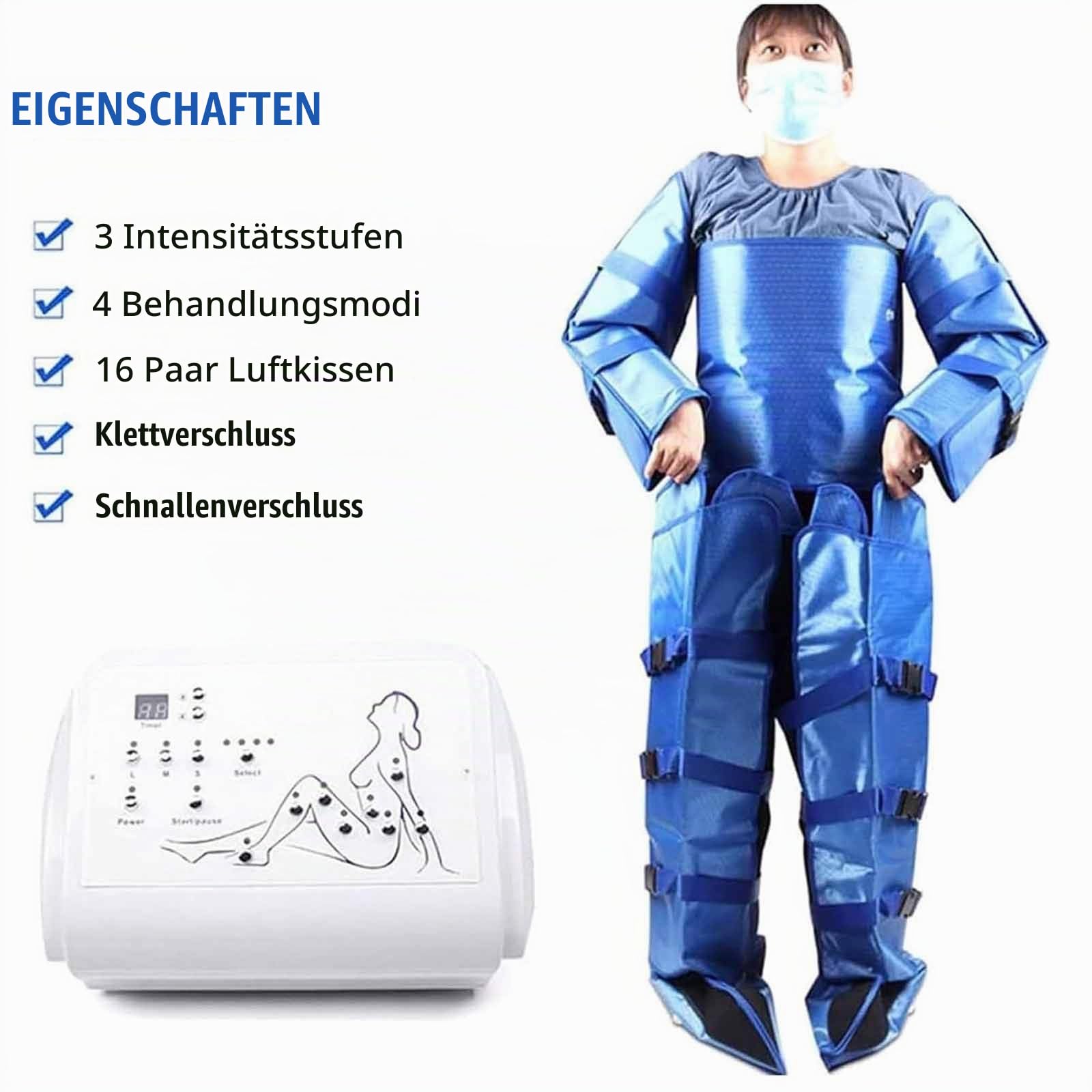 Lymphdrainage Gerät Ganzkörpermassagekostüm mit 3 Massageintensitätsstufen, Infrarotwärme und Luftdruckmassage verbessert die Durchblutung Muskelerholung,Blue