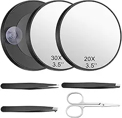 Espelho de aumento 20X/30X com ventosa, pequeno espelho portátil de 8,9 cm para viagem com 3 pinças de cílios, tesouras para maquiagem