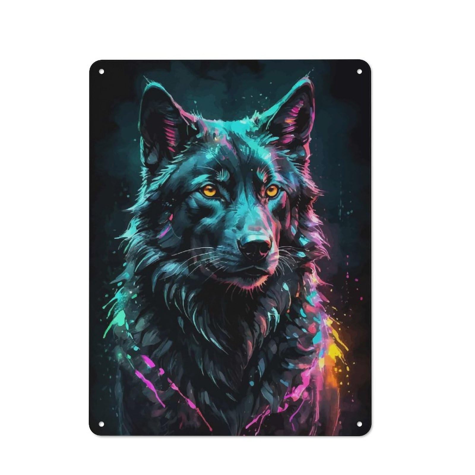 Junmoney Neon Wolf Watercolor Portrait Retro Metal Sign With Design 40X30cm, Classic Nostalgic Wall Art For Bedroom, Office, Home Bar Or Dining Room