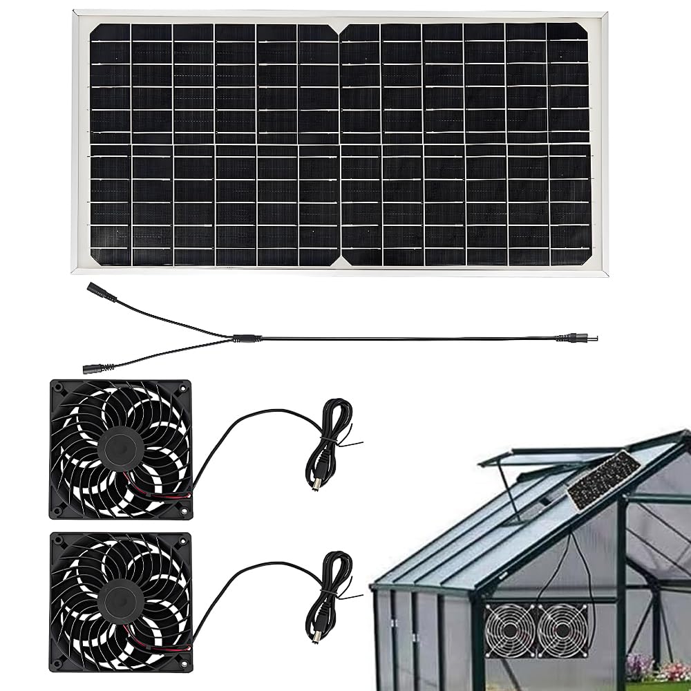 Ventilateur Solaire 16W IP65, Kit Panneau Solaire avec Deux Ventilateurs, Extracteur d'Air pour Serre Poulailler Niche
