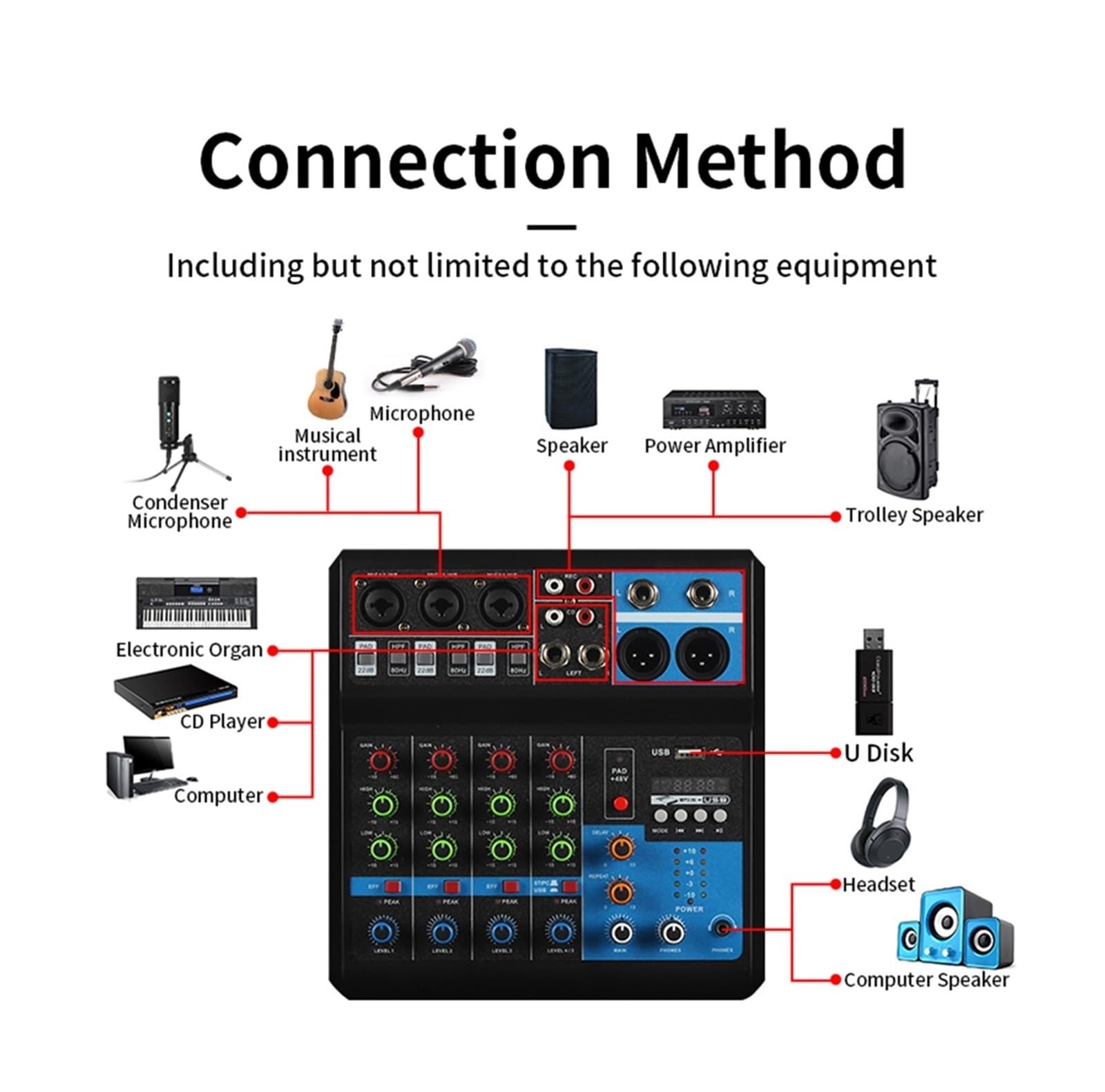 Audiomixer, 5-Wege-Professional-Sound-Mixer Computer-Aufnahme Free Drive Soundkarte Mischpult Mixer Audio Pro DJ Equipment für Studio-Karaoke