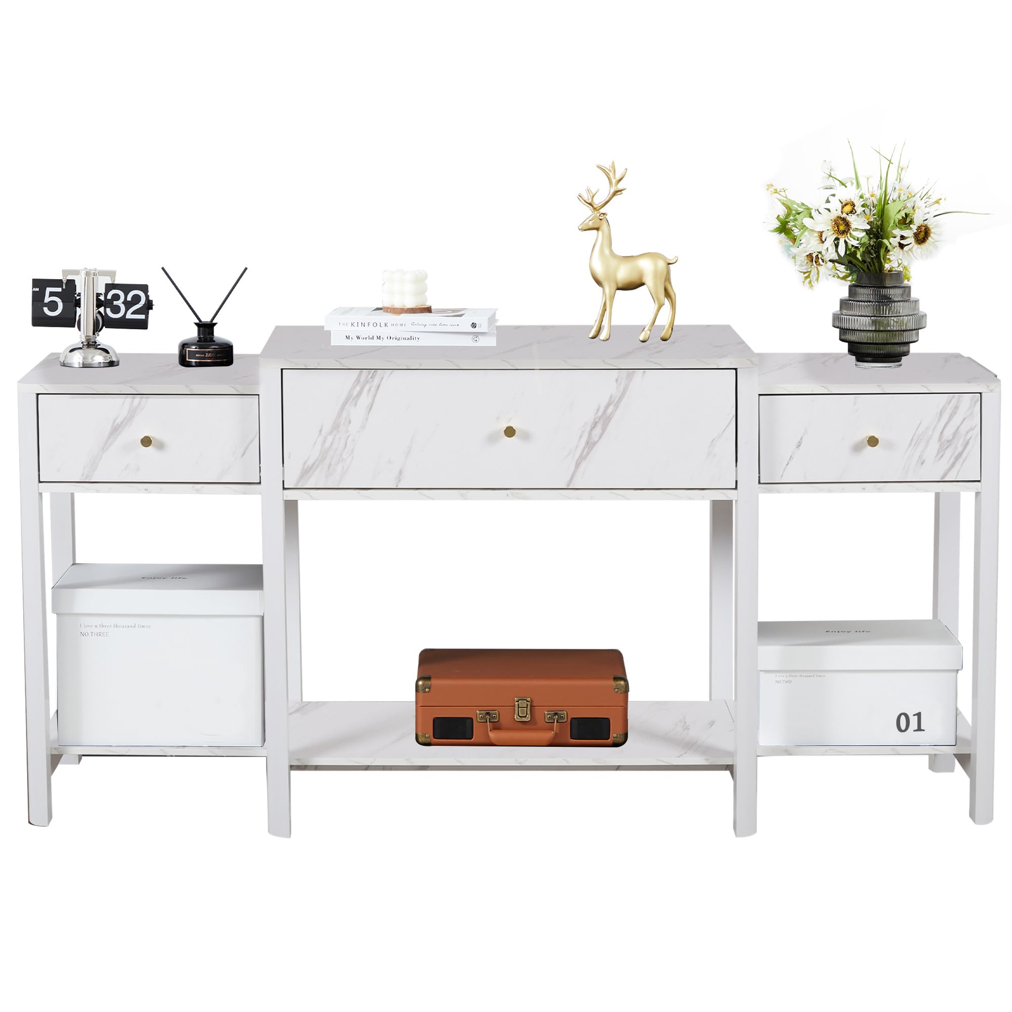 Table d'entrée avec 3 tiroirs en bois - Table console moderne pour le hall d'entrée, organisateur de rangement pour couloir, table d'appoint moderne avec étagère inférieure (blanc marbré)