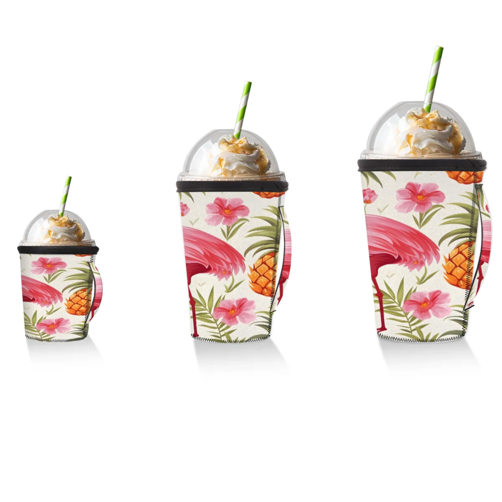 Pineapple Flower Leaf Flamingo Reusable Neoprene Coffee Sleeve with Handle Insulated Iced Coffee Cup Holder Reduces Condensation Fits 24-28 oz Cups M