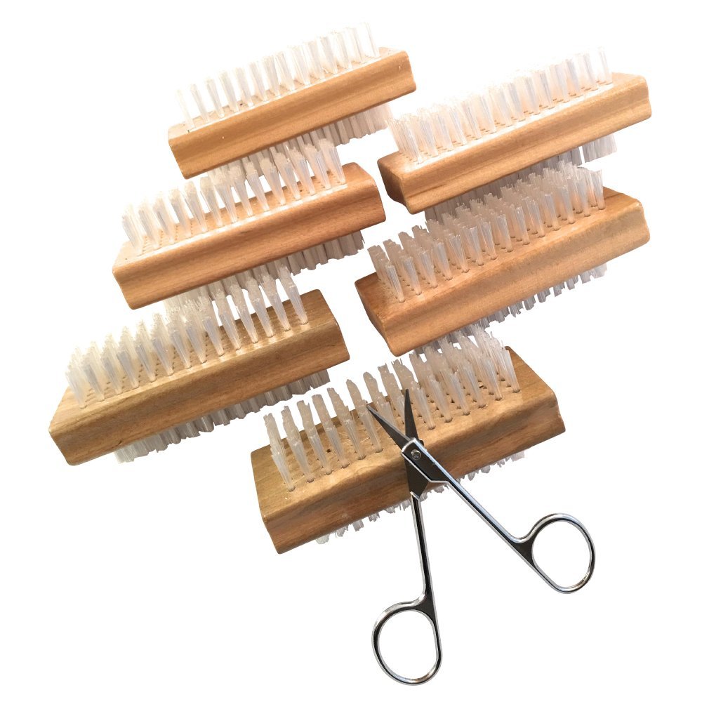 Wooden Nail Brushes for Cleaning Nails - 6 Wood Double Sided Nylon Bristle for Scrubbing Manicure Pedicure - Plus Steel Nail Scissors and a Skin Care Tips Booklet.