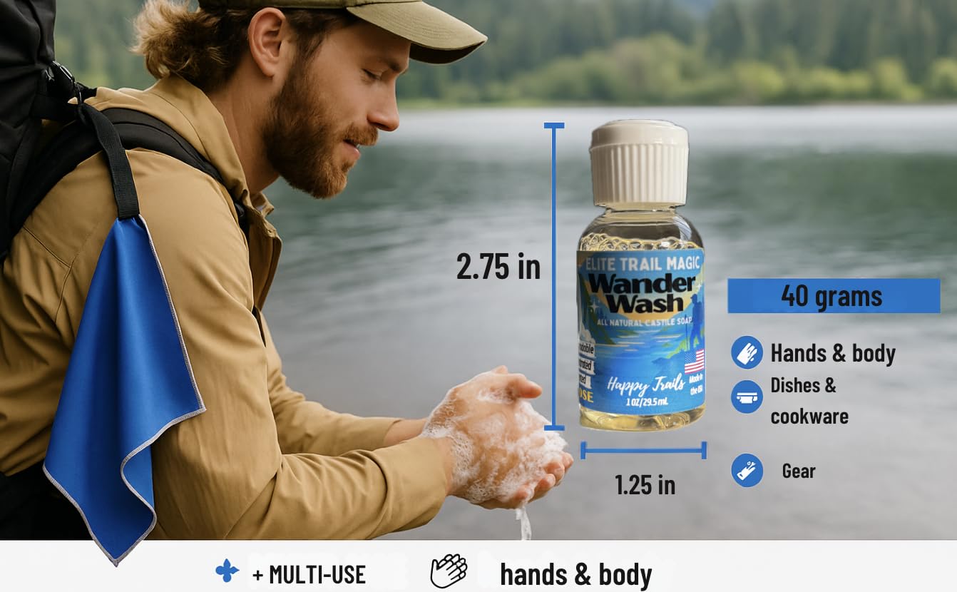 Elite Trail Magic- Wander Wash Biodegradable Castile Soap – Ultralight 1 oz Concentrated Liquid Soap for Camping, Travel & Backpacking – All Purpose, Unscented, Made in USA