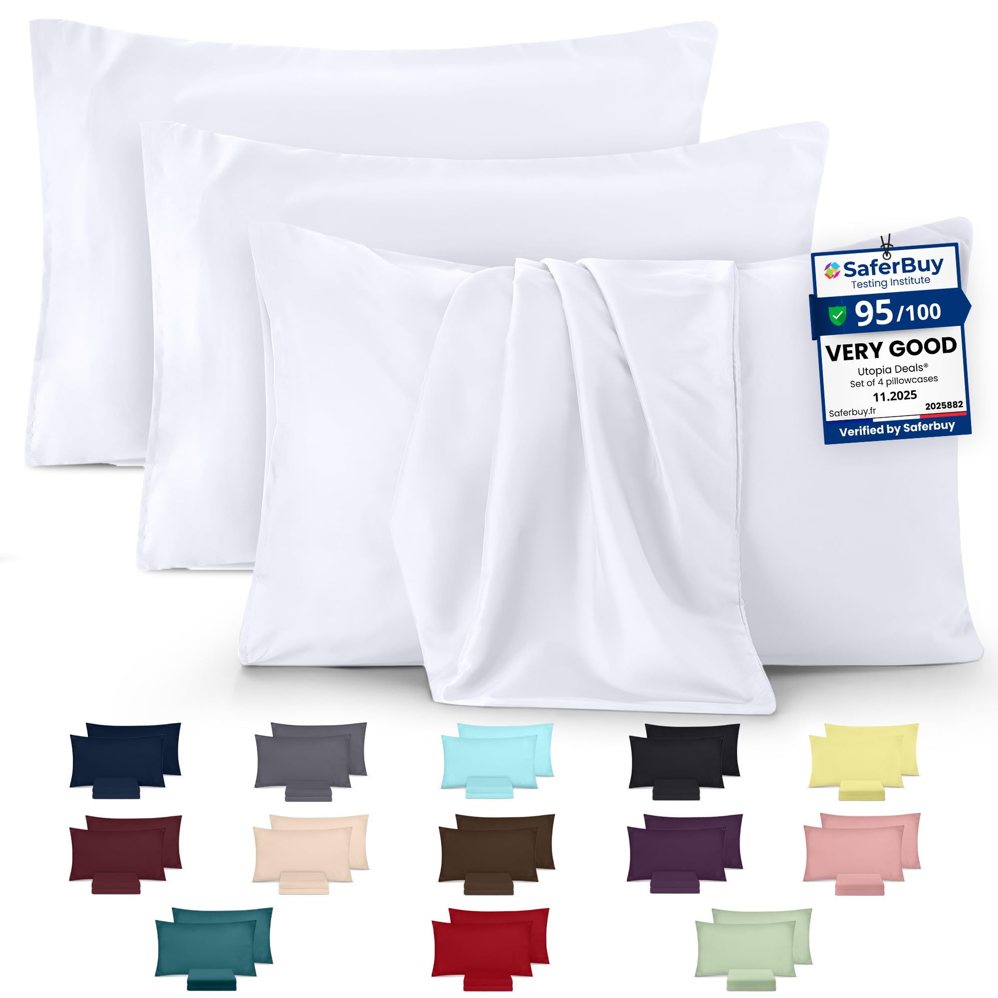 Utopia Bedding - 4 Pack Pillow Cases - OEKO-TEX - Standard Size 50x75 cm - 100% Brushed Microfiber Pillowcases with Envelope Closure, pillows not included - Wrinkle, Fade, & Stain Resistant - White