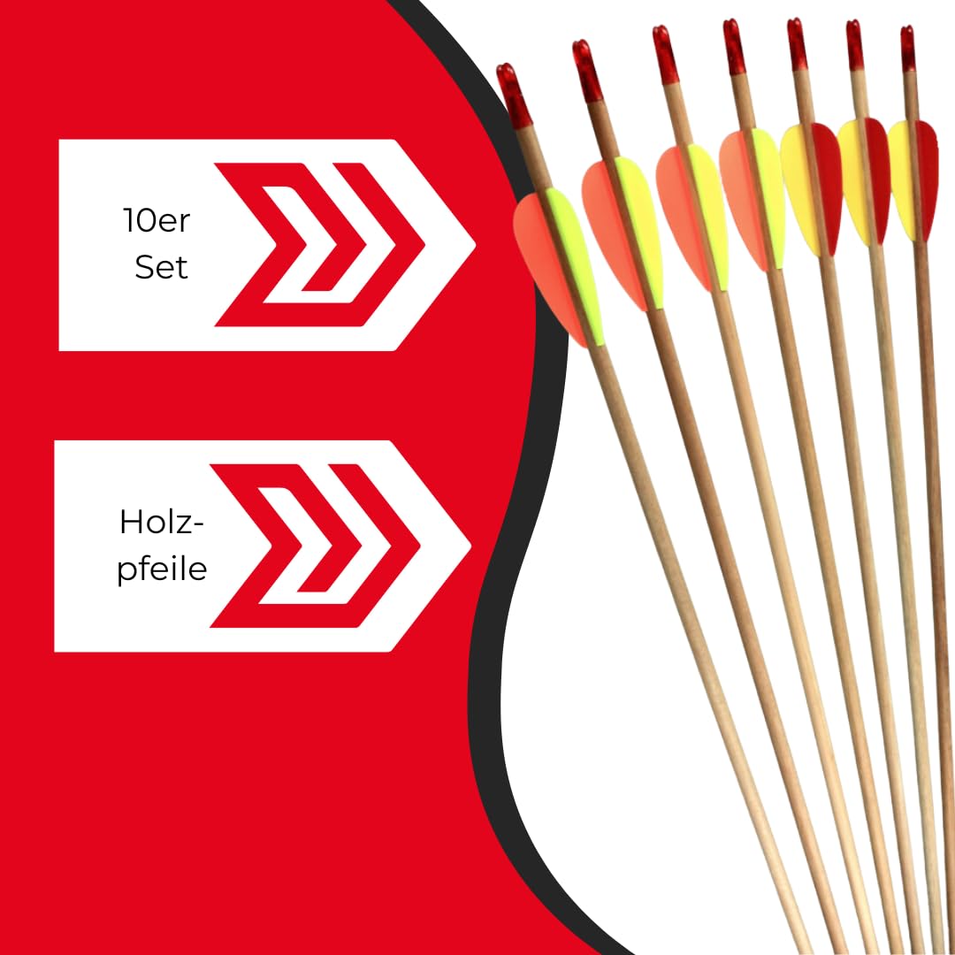 10x Old Wood Traditionelle Holzpfeile Set, 5/16 Zoll Schaft, 26 Zoll Längen, 2,6 Zoll Kunststoffbefiederung, Kunststoffnocken, abgerundete Blechspitzen, für Recurve und Compound bis 30 lbs
