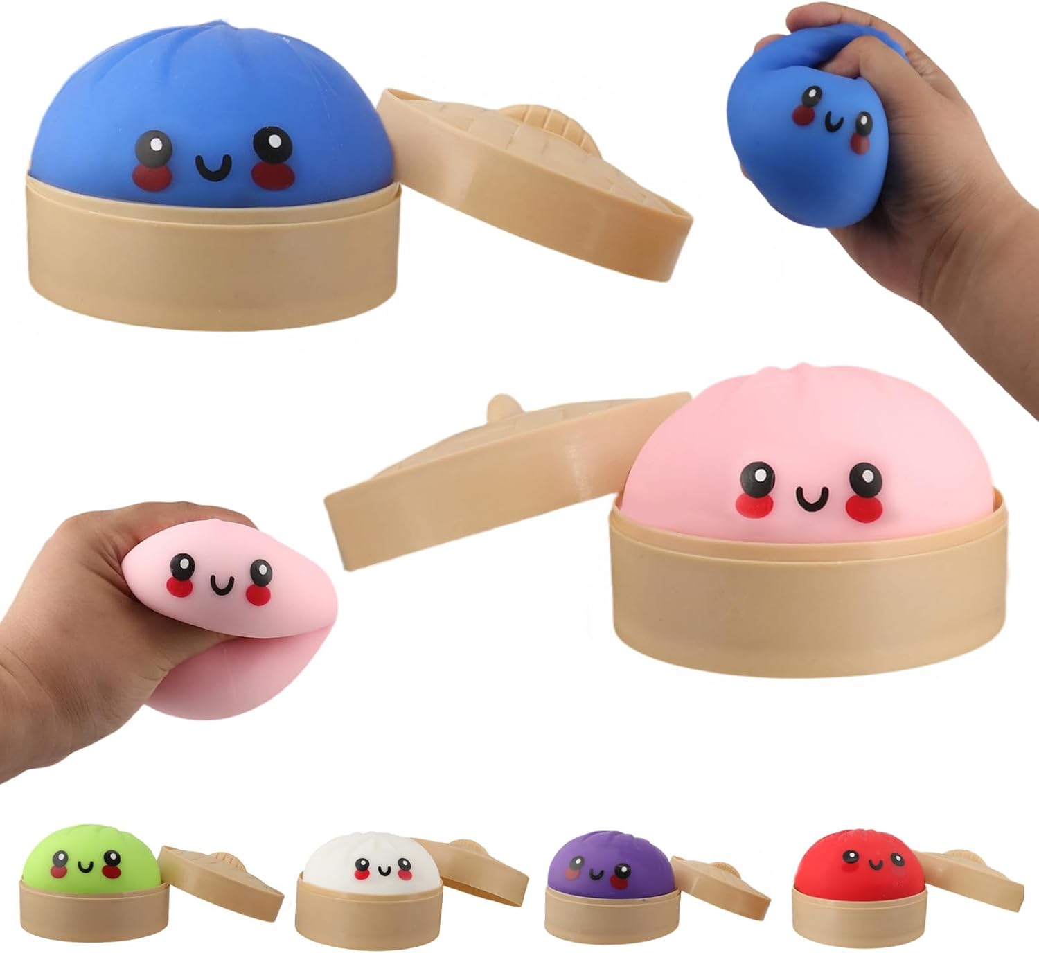 2pcs Random Color Dumpling Squishy,Mystery Dumpling Box,Colorful Dumplings Squeeze Stress Balls Fidget Sensory Toy Relief Hand with Food Steamer Stretchy