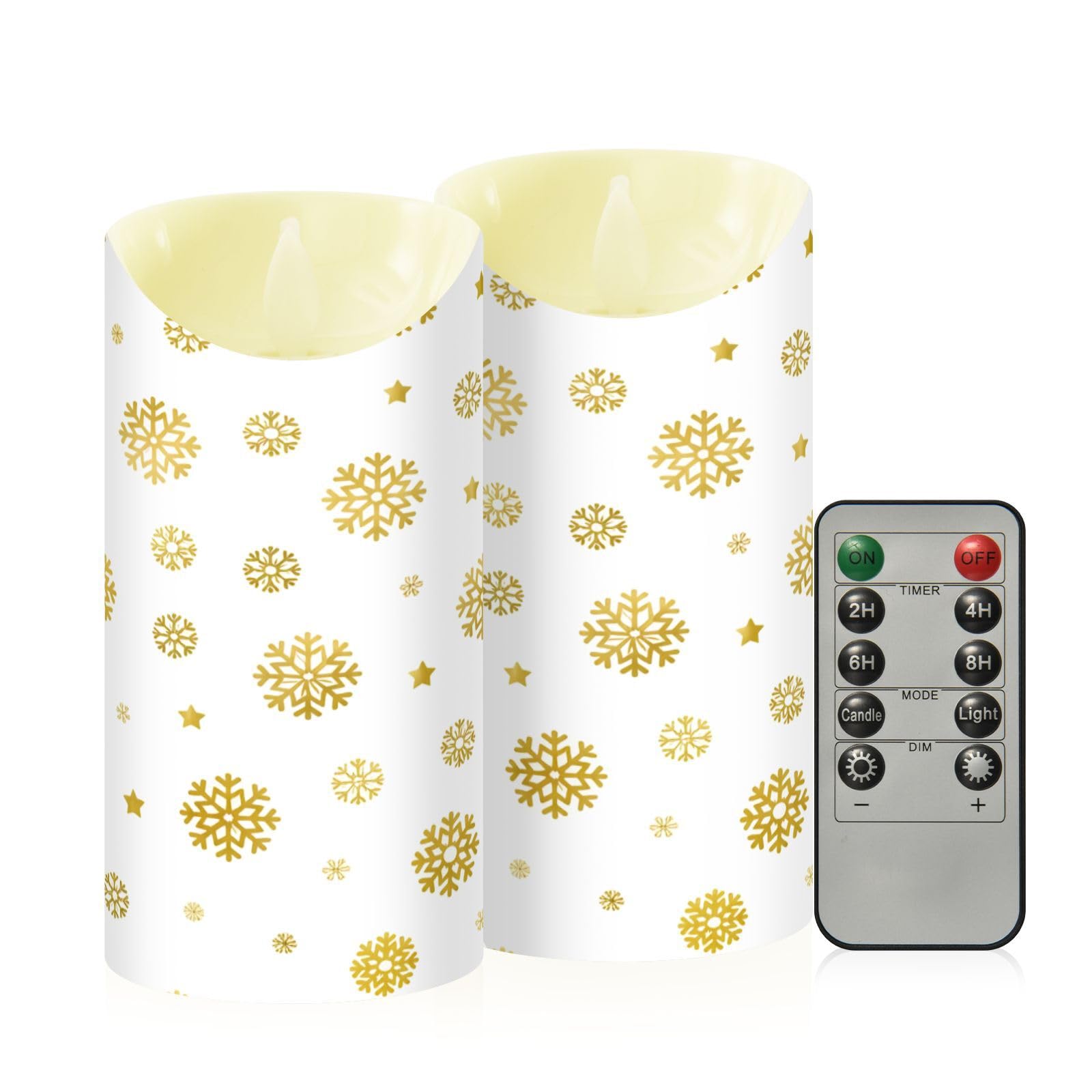 Ewusp Christmas Golden Snowflakes Flameless Candles Battery Operated Flickering LED Pillar Candles Set of 2 with Remote Control & Timer, for Home Decor Wedding Holiday Party Centerpieces