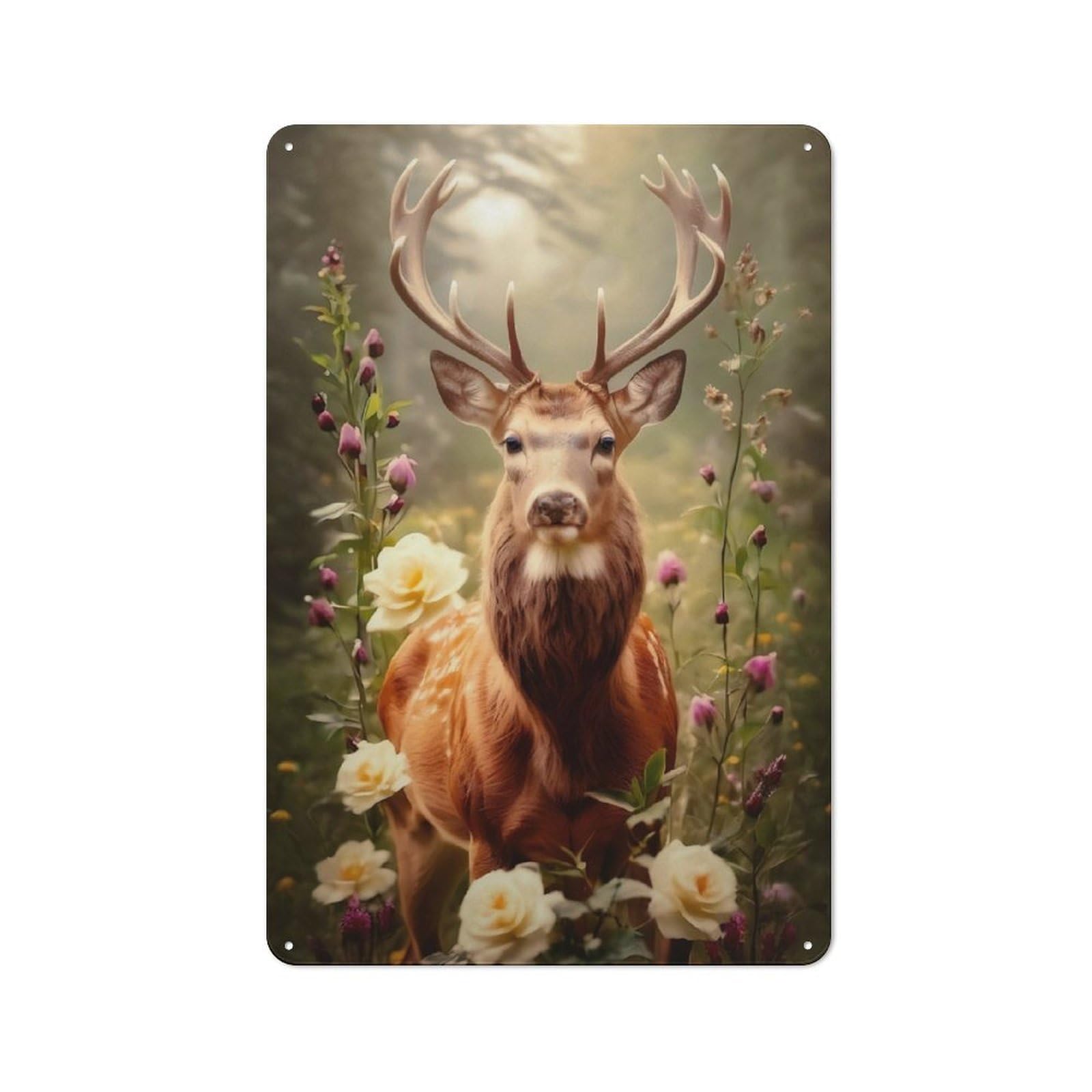 Tin Wall Plaque 30x20cm with Floral Deer Majesty for Living Room Or Hallway, for Garage, Workshop And Man Cave Decoration