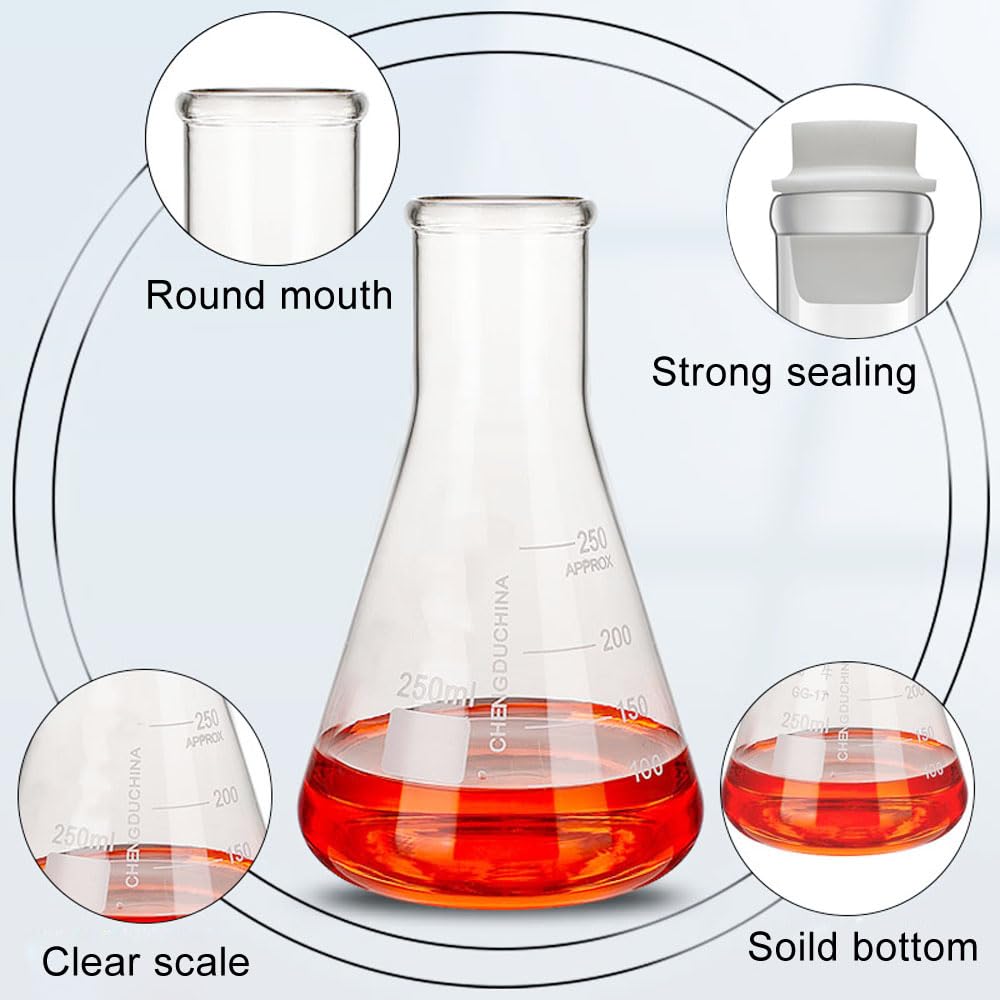 Zestaw kolb Erlenmeyera ze szkła borokrzemianowego z wąską szyjką, 4 rozmiary do eksperymentów w laboratorium naukowym - 1 opakowanie(50ml 100ml 150ml 250ml flask)