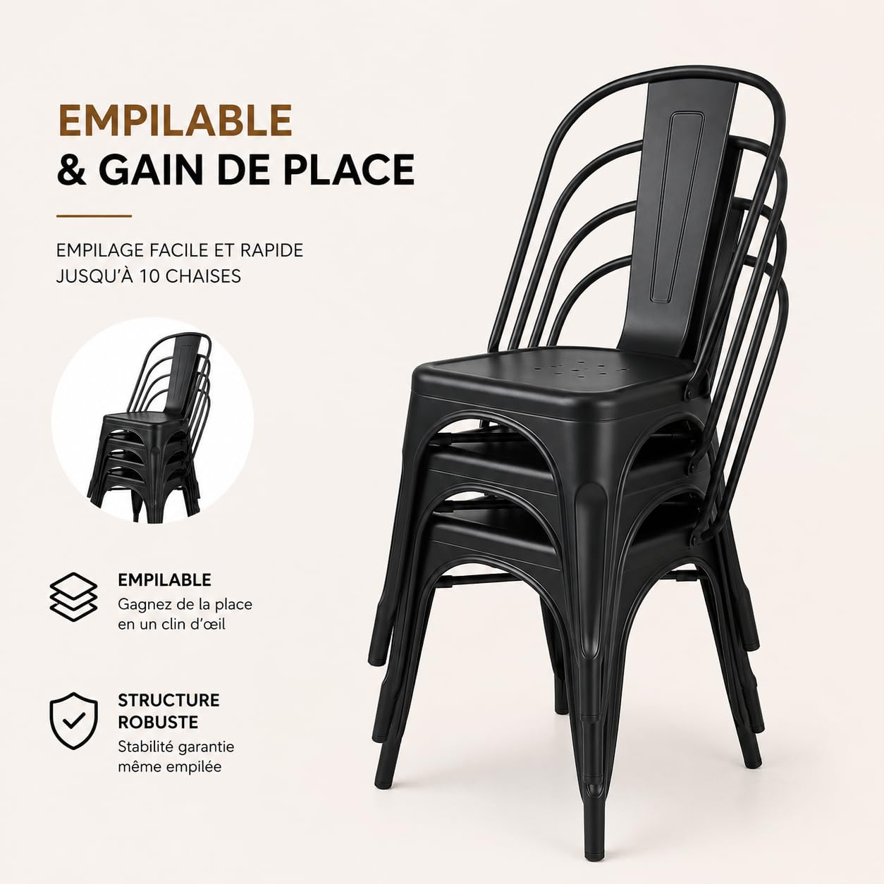 Kosmi Lot de 4 Chaises Industrielles Métal Noir Mat – Chaises de Salle à Manger Empilables – Style Loft Vintage – Cuisine, Salon, Bureau, Restaurant – Structure Acier Robuste