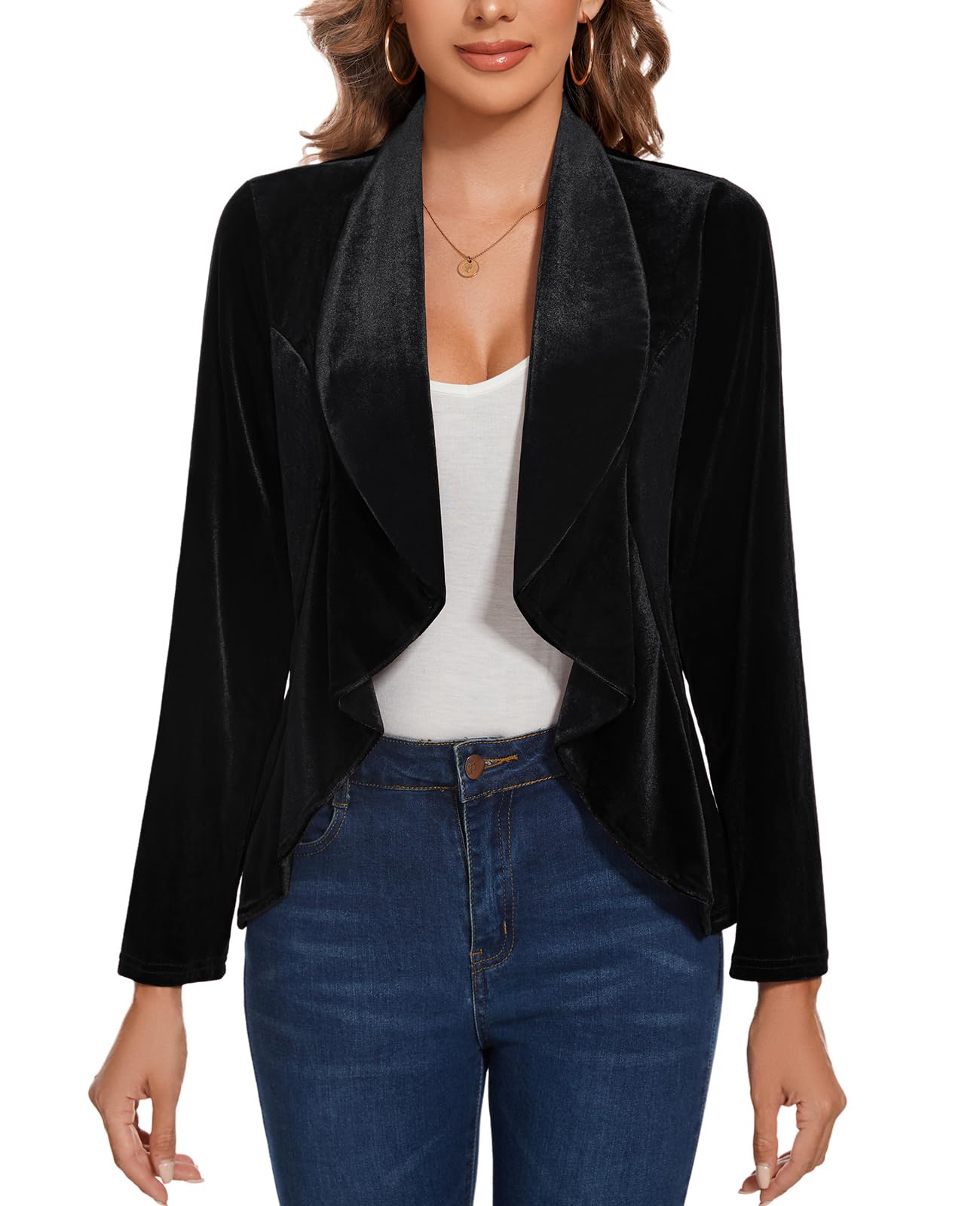 MINTLIMIT Velvet Blazers for Women Casual Work Office Long Sleeve Open Front Cardigan Ruffle Suit Jacket Coat Blazer