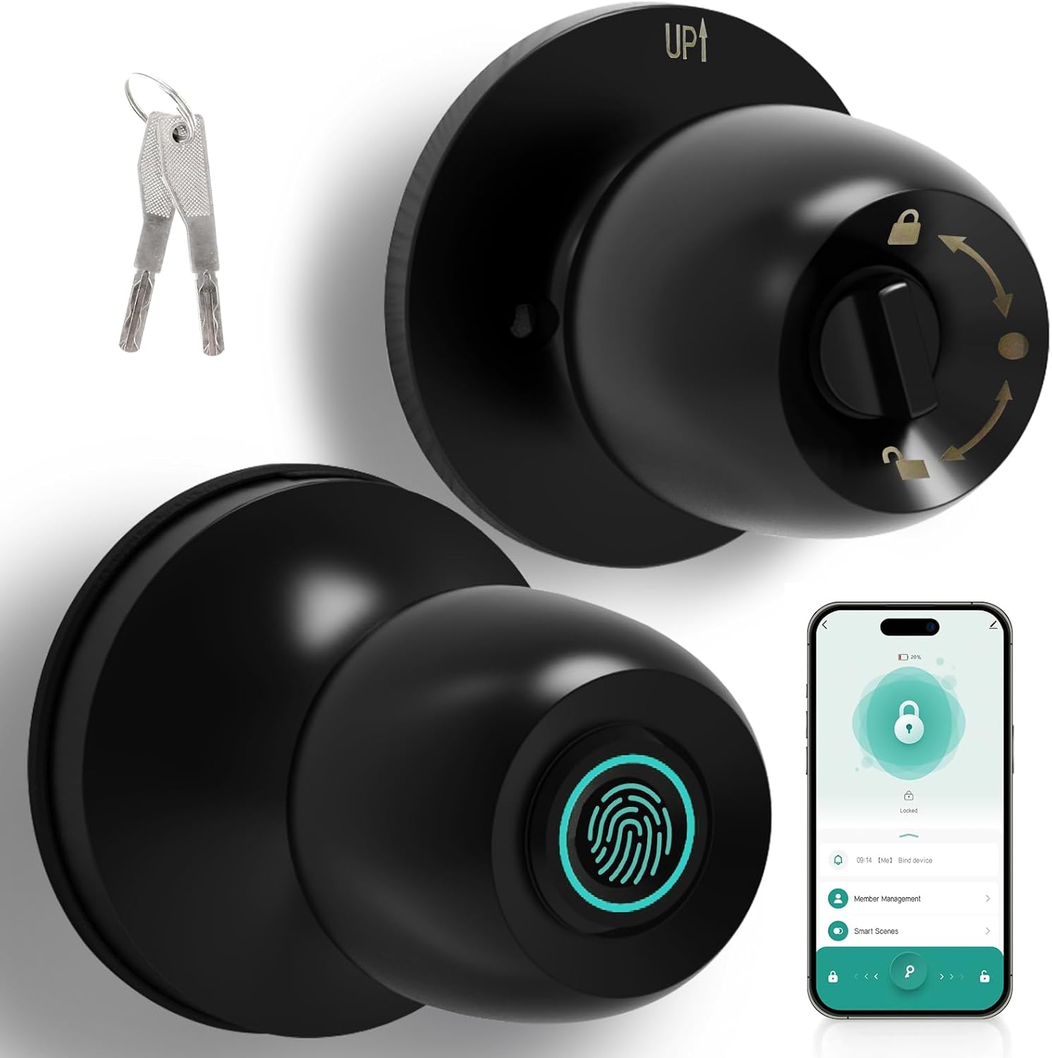 Fingerprint Smart Door Knob, Biometric Keyless Entry Door Lock with App Control & Backup Keys, Thumbprint Round Door Lock, Suitable for Home, Bedroom, Office, and Apartment Matte Black