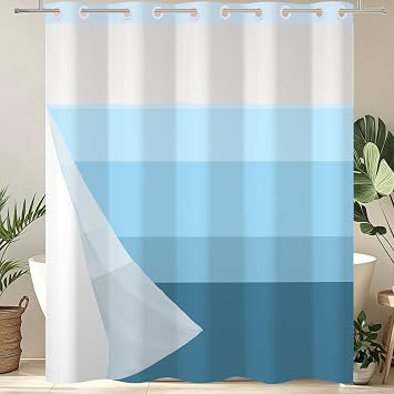 Blue Ombre Striped No Hook with Snap in Liner Modern Cloth, Waterproof Heavy Duty Hotel Quality, Machine Washable & Quick Dry for Bathroom Set & Stall, 72" W x 72" L