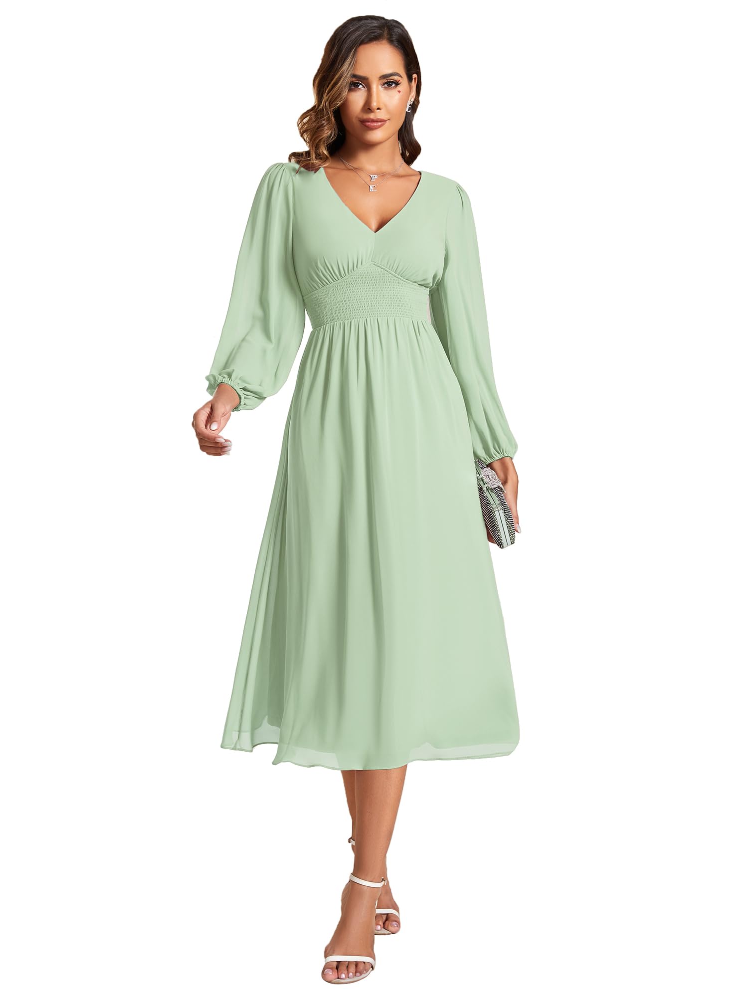 Ever-Pretty Vestido de Invitada Boda para Mujer Cuello en V Manga Larga Cintura Imperio Vestido de Noche EG01929-P