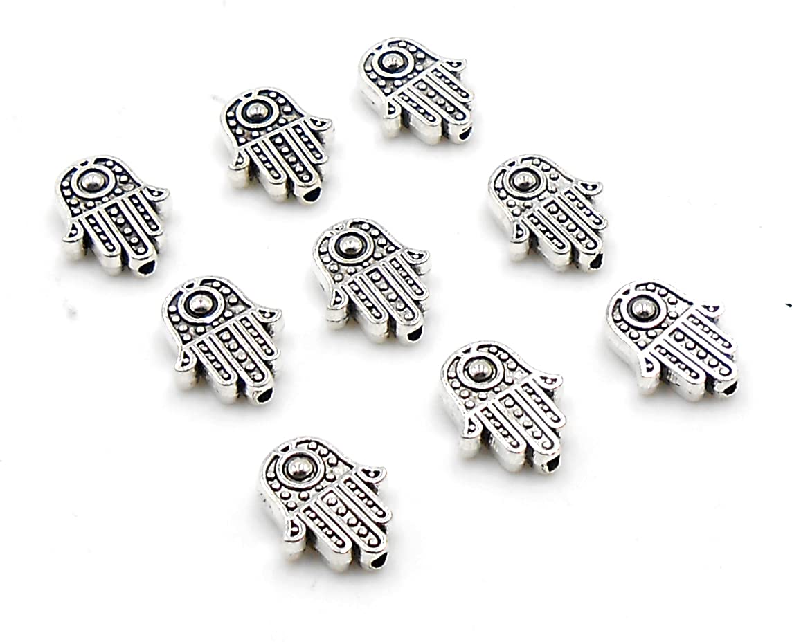 JAZ? Silver Hamsa Hand -Evil Eye Bead of Fatima Symbol Charms- Hamsa Hand Beads Charms for Jewelry Making Findings DIY Necklace Bracelet 25 pcs.