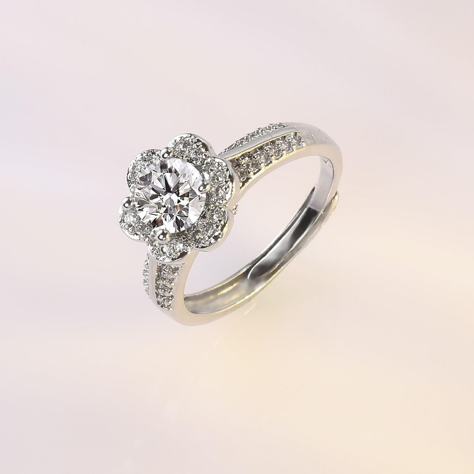 18 Karat Weißgold Ringe Frauen Labordiamant Weiß, Rings Elegante Blume, 4 Krappen, Rund, 1 Karat, Labordiamant, 6,5 mm