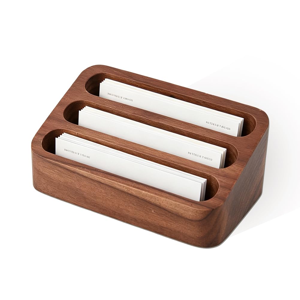 SUPERFINDINGS Wooden Business Card Holder 3 Slot Multiple Business Card Organizer 115x70x46.5mm Natural Beech Wooden Index Cards Filing Desktop Display Rack for Exhibition Home Office, Coconut Brown