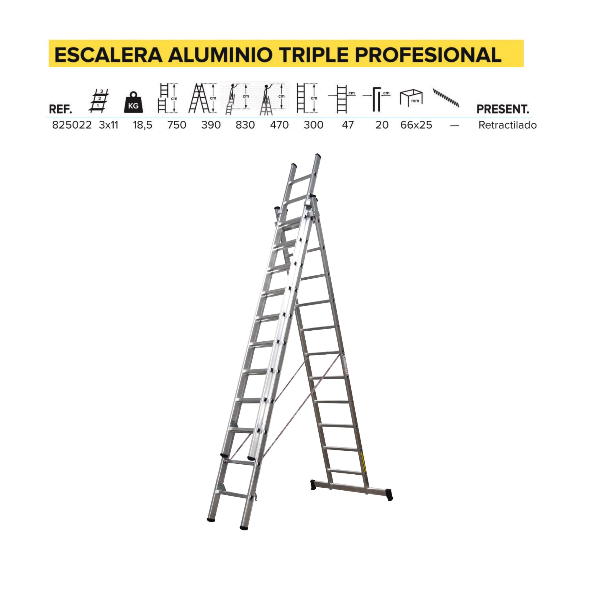 Homelux 825022 Escalera Aluminio Triple, 3 + 3 +3, 3 x 11 Peldaños, 18.5 kg