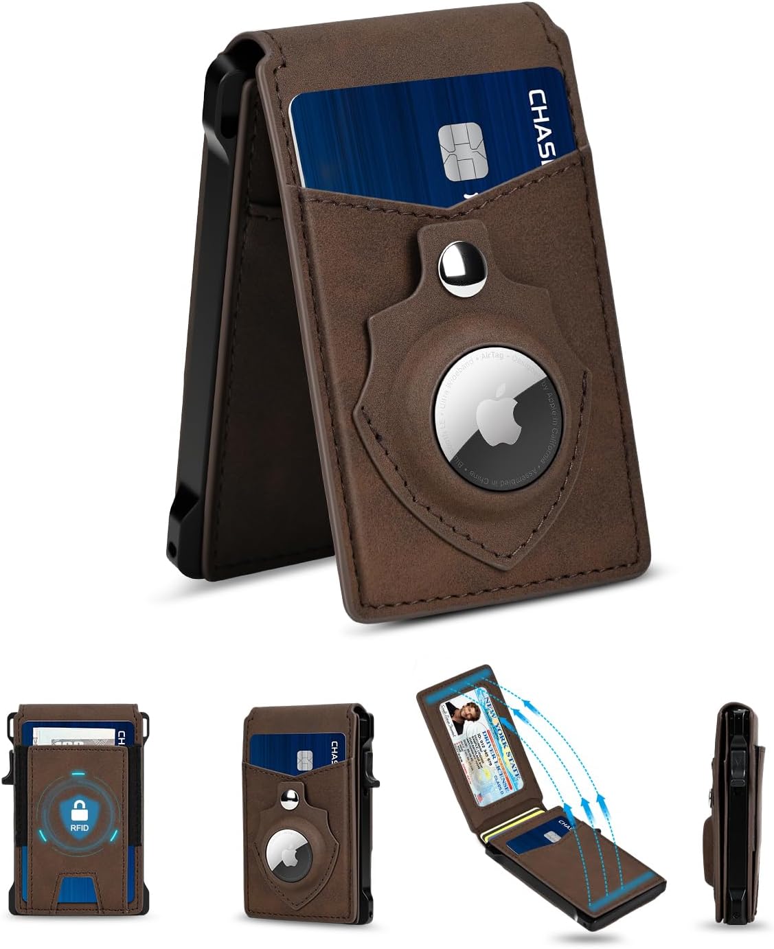 Airtag Wallet for Men, Mens Smart Wallet for Air Tag RFID Blocking, Minimalist Bifold Pop Up Aluminum Credit Card Case Holder 9-13 Cards with ID Window & Stretchable Cash Slot, No Airtag Included