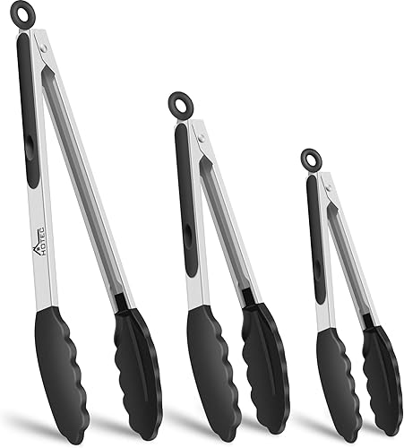Miniatura 12 de HOTEC Pinzas de cocina de acero inoxidable de alta calidad con puntas de silicona, juego de 2-9 pulgadas y 12 pulgadas, caqui Paquete de 2: caqui,2
