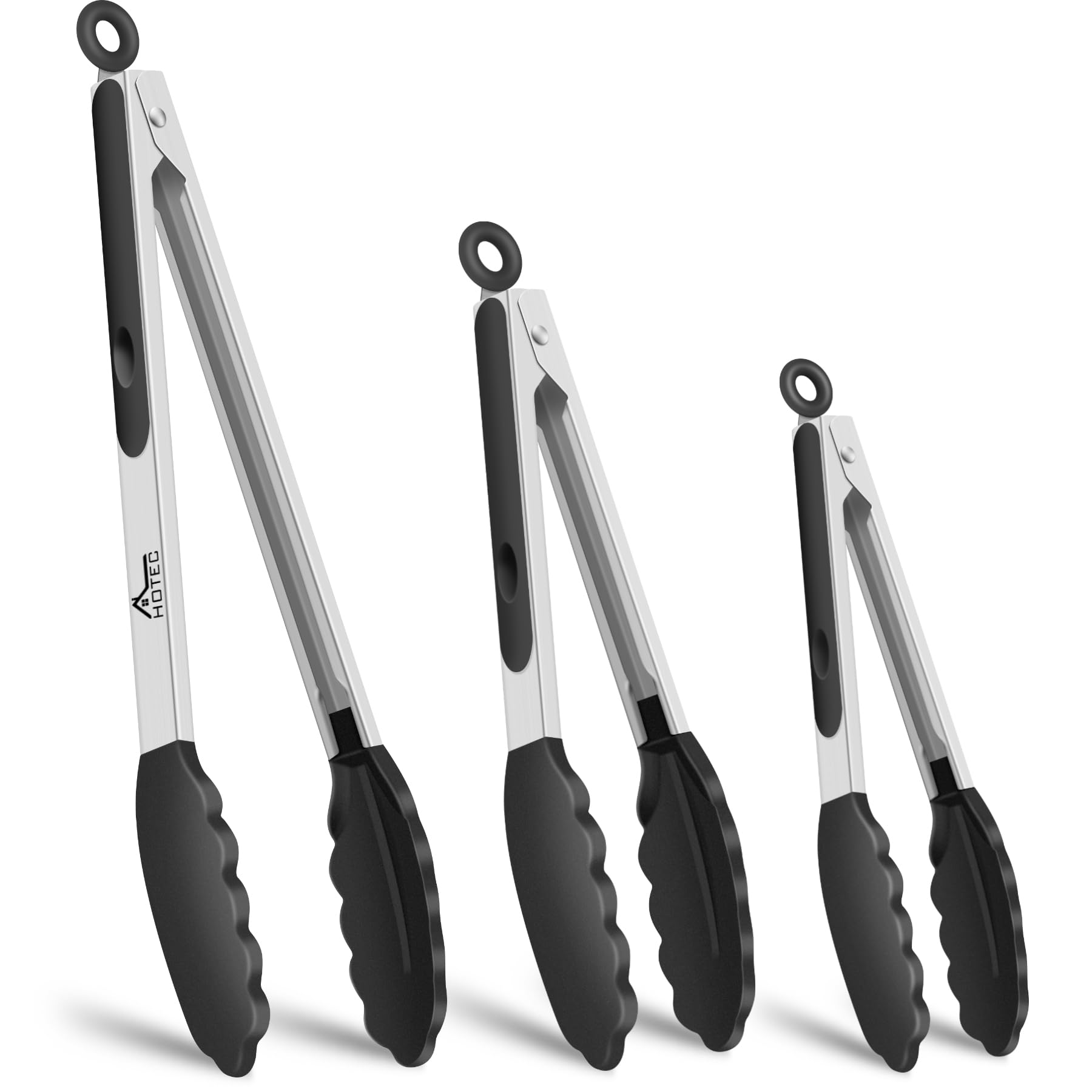 HOTEC Stainless Steel Kitchen Tongs with Silicone Tips, Set of 3-7",9" &amp;12"