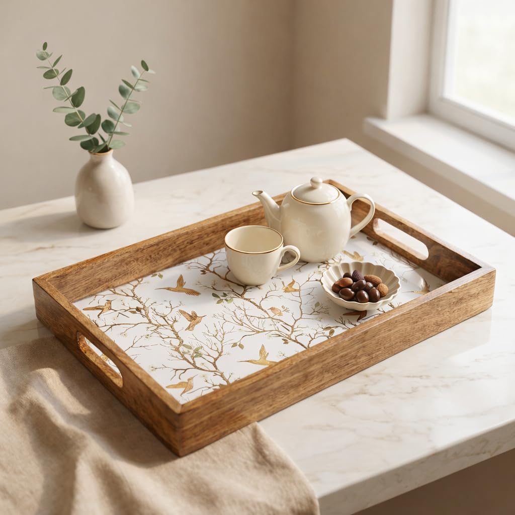 Wooden Serving Tray Set - Gold Engraved Design -13
