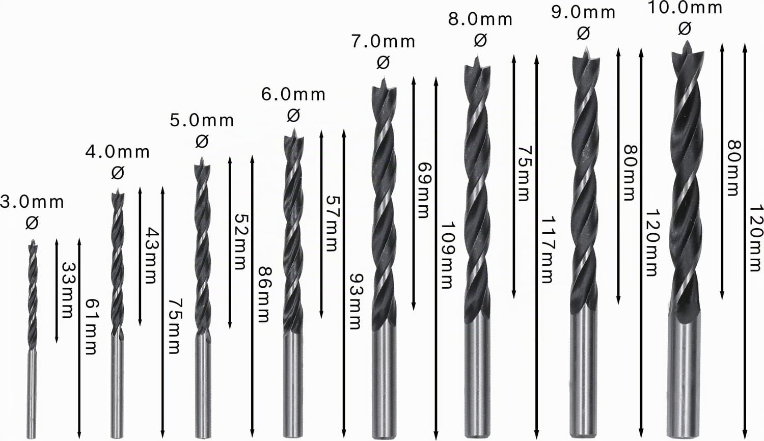 Bosch 8x Set di punte elicoidali per legno PRO Wood (per Legno tenero, Legno duro, Ø 3,0, 4,0, 5,0, 6,0, 7,0, 8,0, 9,0, 10,0 mm, Professional Accessorio Trapano/avvitatori rotanti)